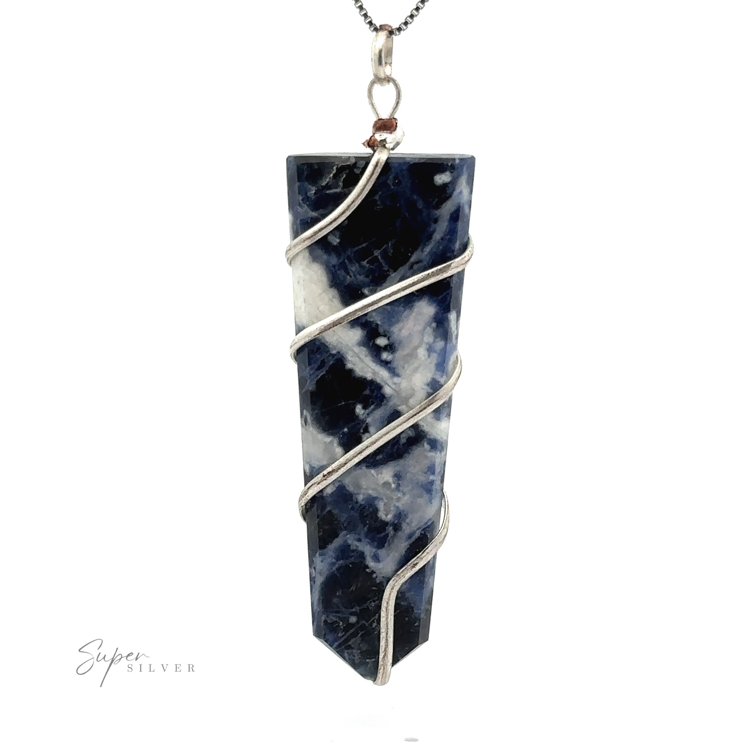 
                  
                    A blue and white gemstone pendant, expertly wire wrapped in silver, hangs gracefully from a thin chain. The Wire Wrapped Slab Pendant showcases the elegance of fine gemstone jewelry.
                  
                
