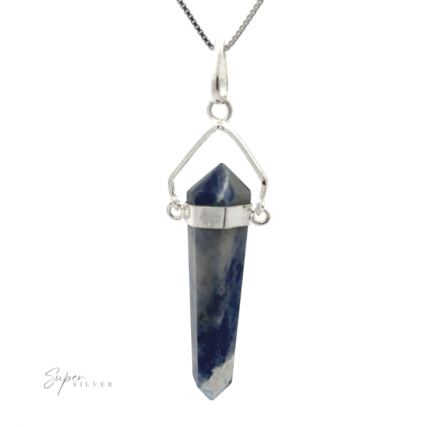 
                  
                    A Raw Stone Swivel Pendant encased in a silver-plated geometric frame, hanging from a silver chain. The long, pointed pendant resembles a raw stone obelisk.
                  
                