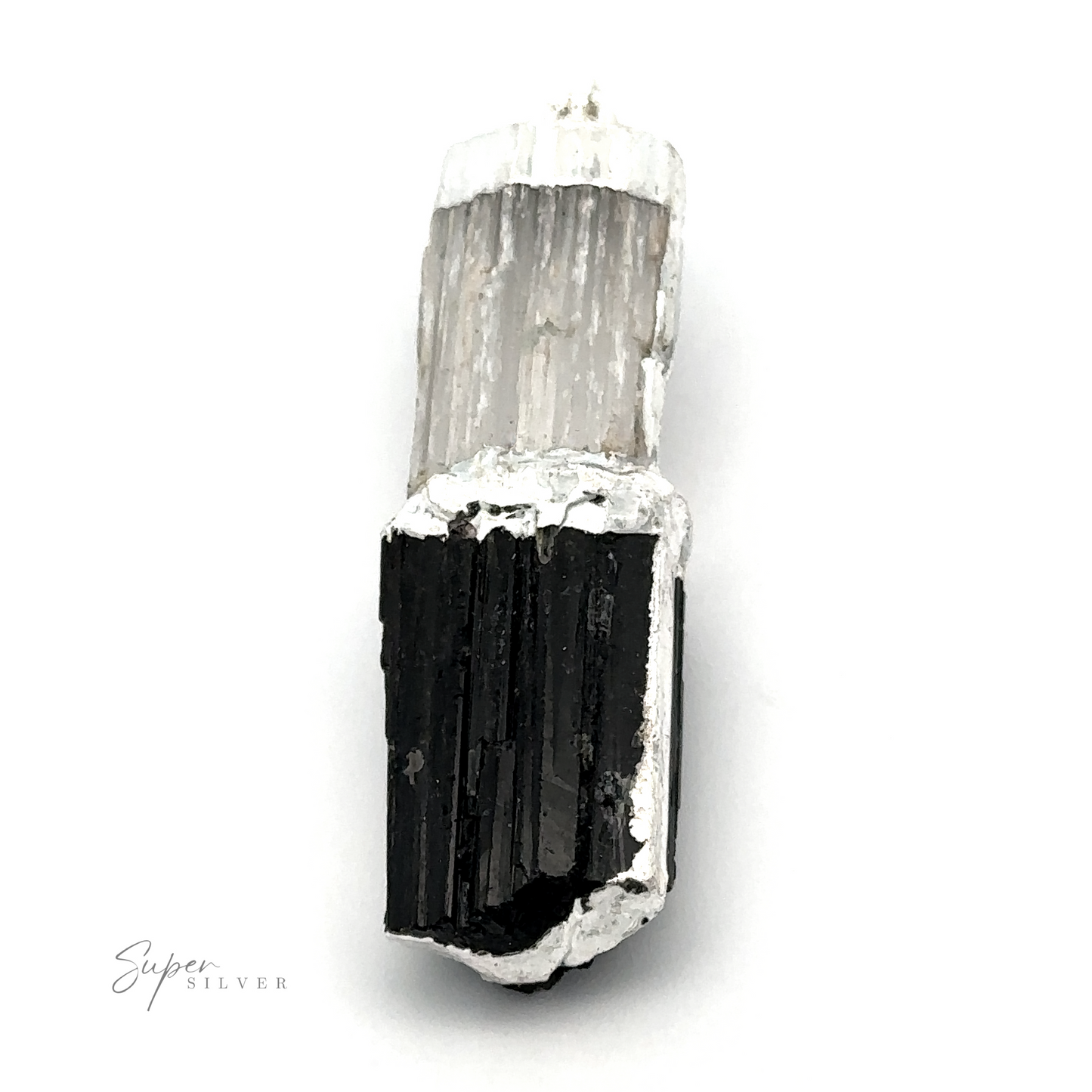 
                  
                    A Tourmaline and Selenite Pendant, vertically aligned, with the black section on the lower half and the white section on the upper half, photographed against a plain white background. This crystal pairs beautifully with a selenite pendant for those seeking powerful cleansing crystals.
                  
                
