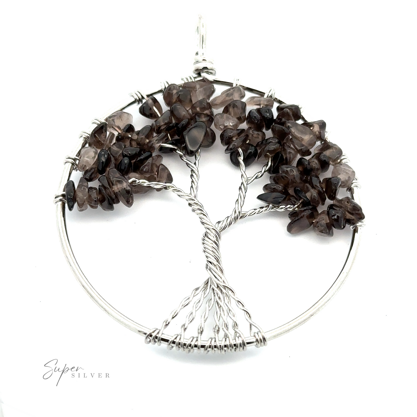 
                  
                    A Wire Wrapped Tree of Life Pendant featuring a wire-wrapped tree adorned with small, dark gemstone chips. The mixed metals wire forms the tree's trunk and branches, and the pendant has a clasp at the top.
                  
                