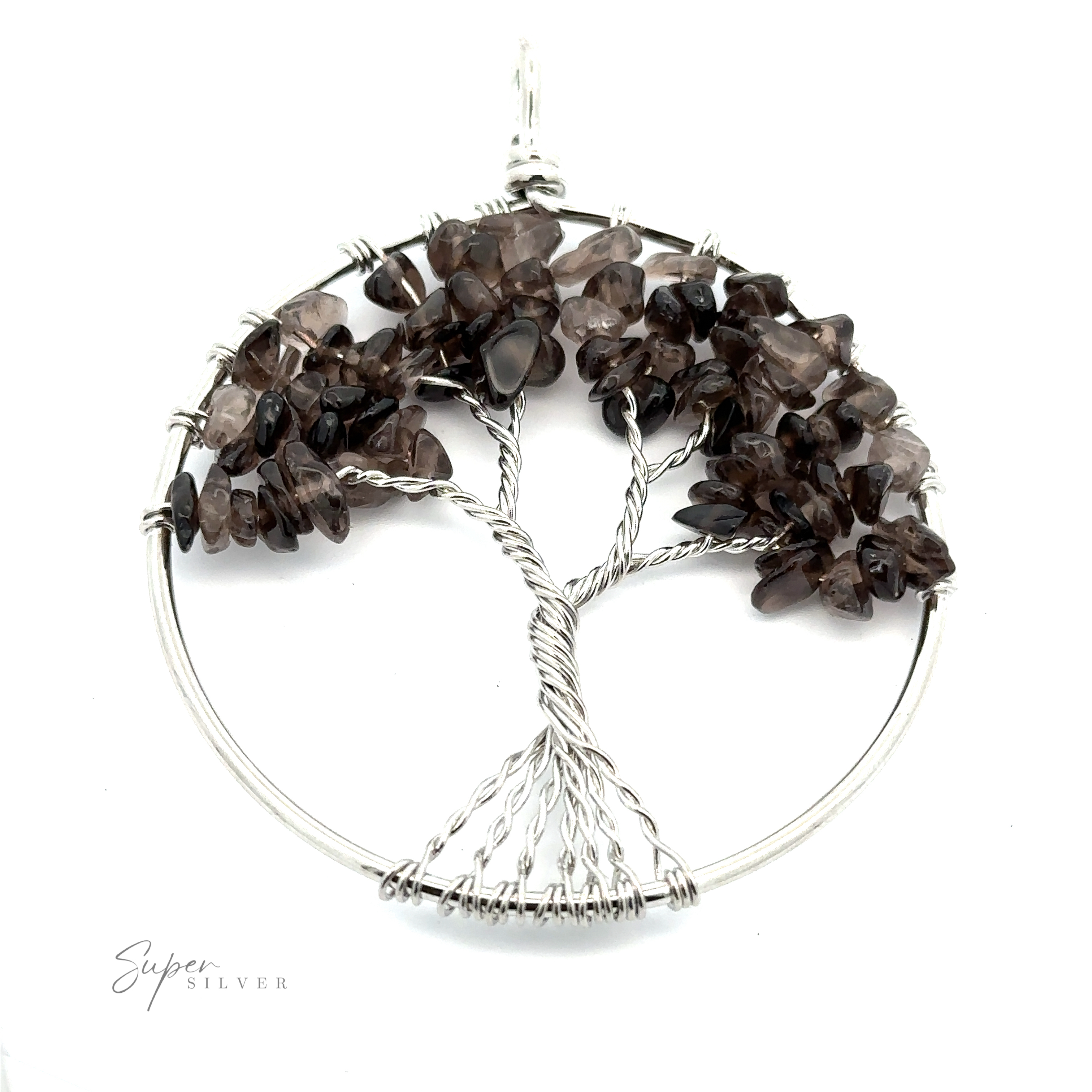A Wire Wrapped Tree of Life Pendant featuring a wire-wrapped tree adorned with small, dark gemstone chips. The mixed metals wire forms the tree's trunk and branches, and the pendant has a clasp at the top.