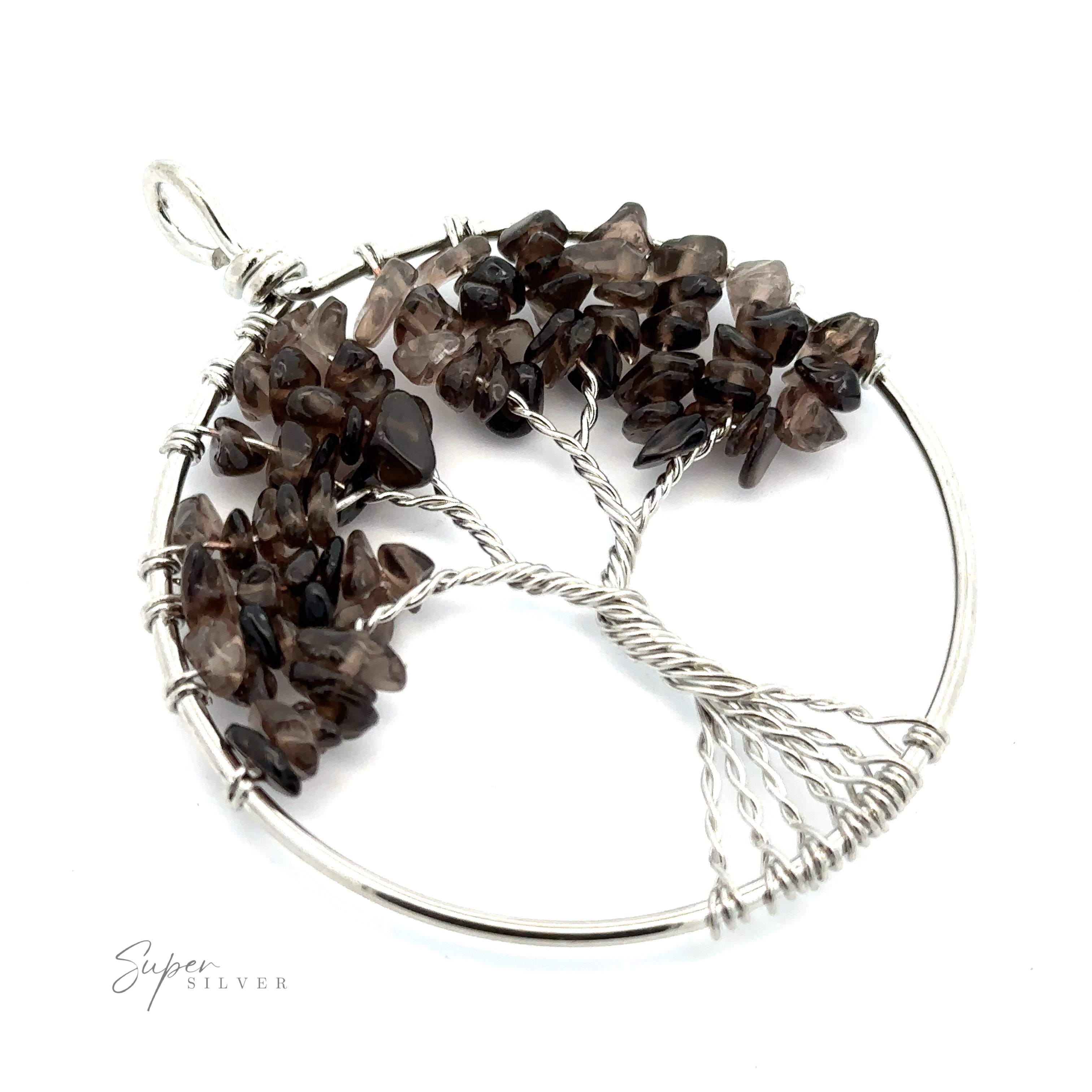 A Wire Wrapped Tree of Life Pendant featuring a design with branches made of small, polished black and brown gemstones. The word "Super Silver" is visible on the bottom left.