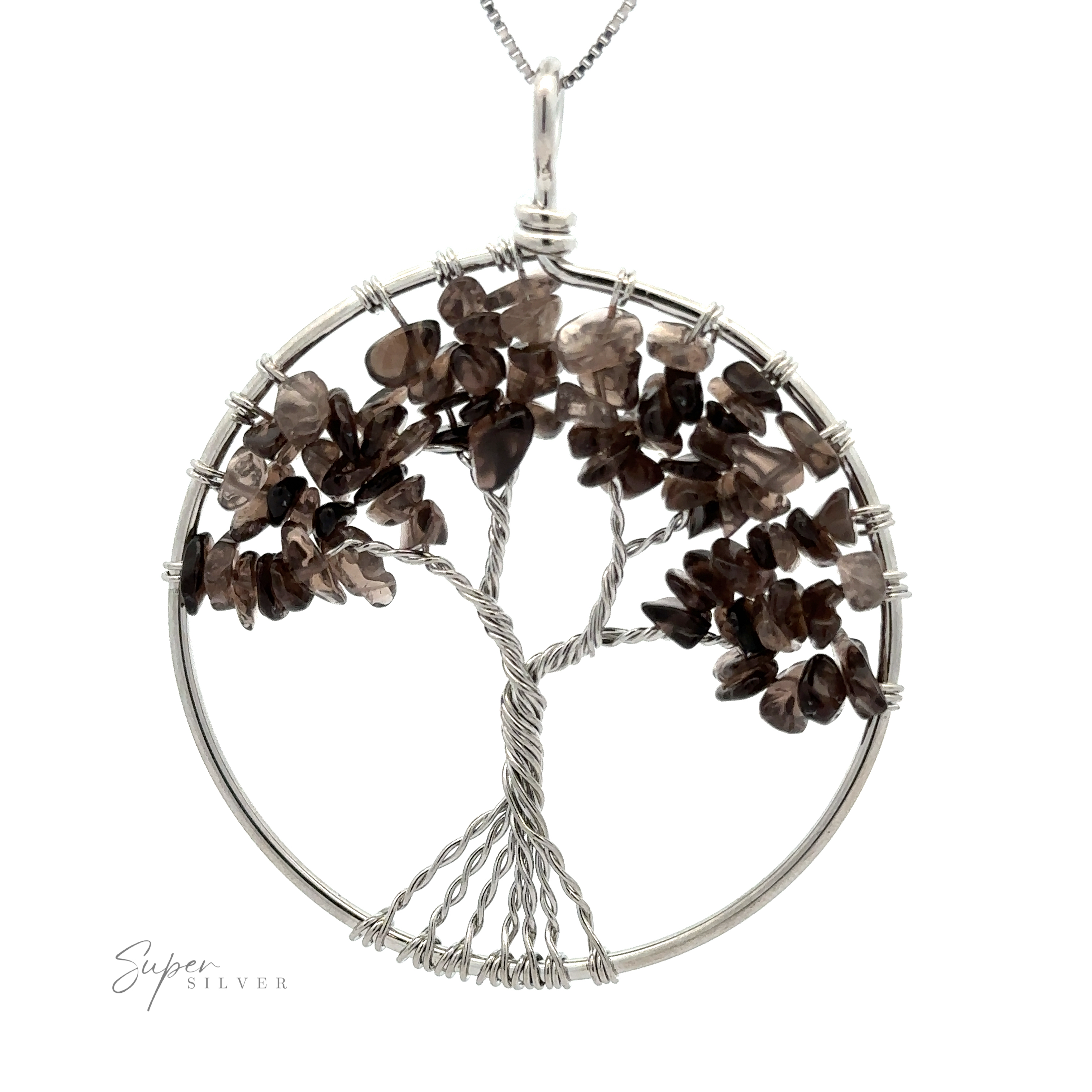 A Wire Wrapped Tree of Life Pendant featuring a meticulously twisted wire tree adorned with dark gemstone leaves, suspended from a delicate chain made of mixed metals.