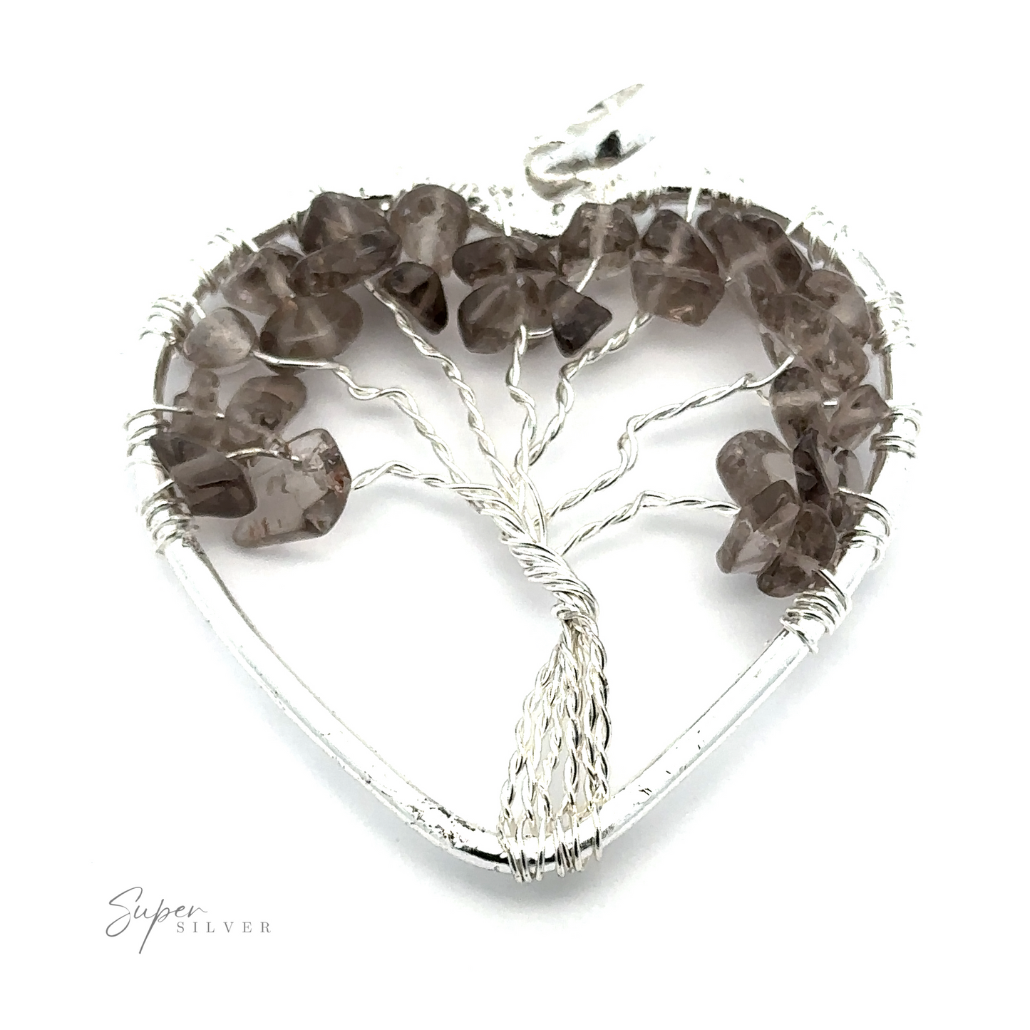 
                  
                    A Heart Shaped Tree of Life Pendant features a tree of life with branches made of twisted wire and small raw stone beads. The word "Super Silver" is inscribed in the bottom left corner.
                  
                