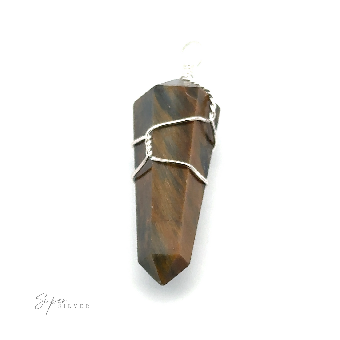 
                  
                    A Wire Wrapped Stone Pendant featuring a polished, brown, faceted stone tightly wrapped in silver wire against a white background, accentuated by the subtle elegance of quartz.
                  
                