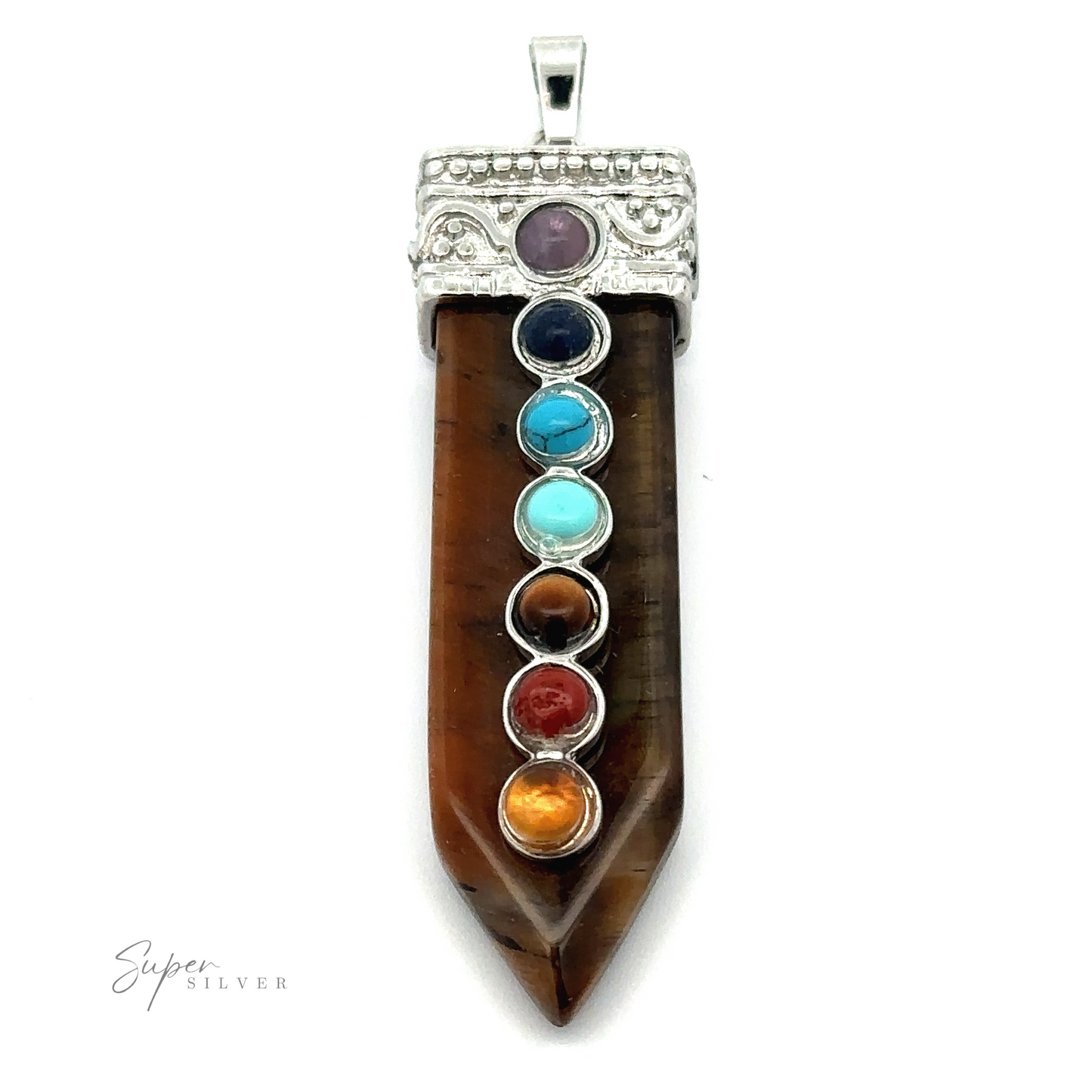 
                  
                    A stunning Obelisk Crystal Pendant with Small Chakra Stones featuring a pointed brown gemstone, accentuated by seven colorful chakra stones set vertically in a sophisticated silver-plated design.
                  
                