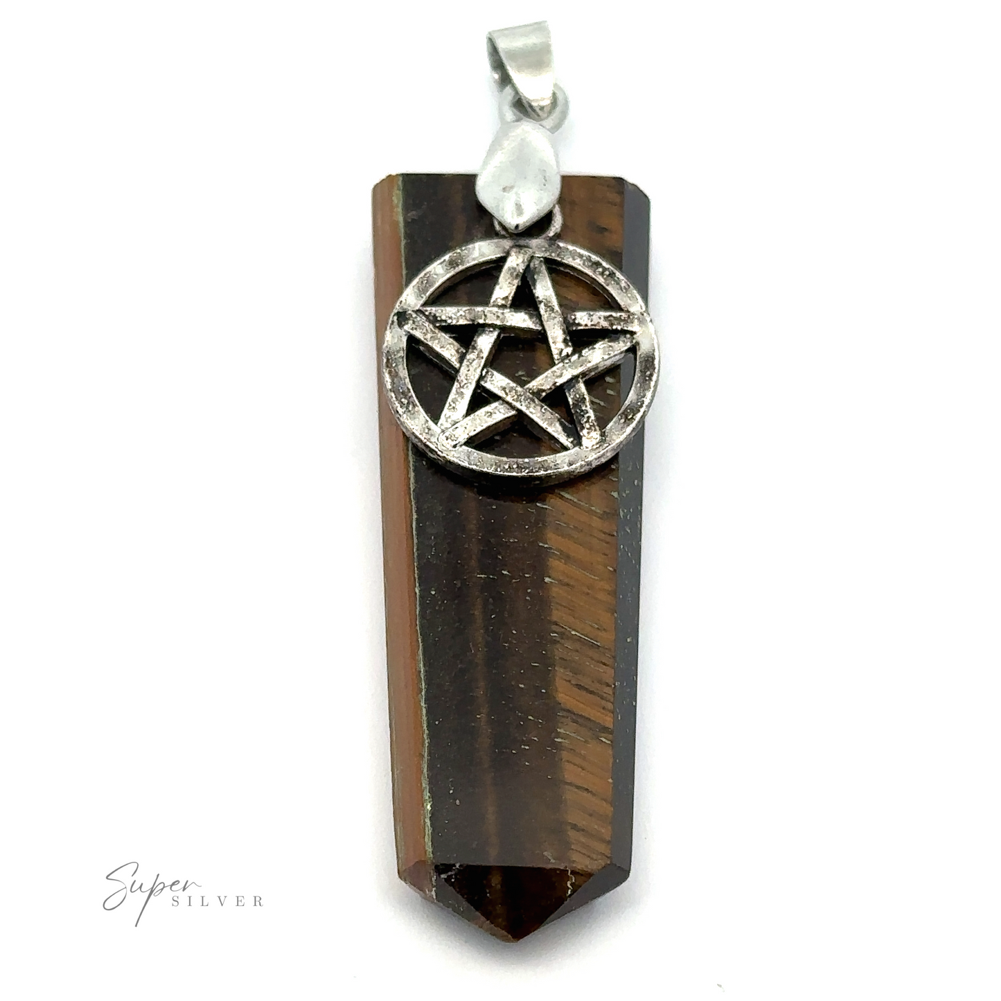 
                  
                    A Pentagram Stone Slab Pendant featuring a brown, faceted gemstone slab with a silver pentagram charm on top, attached to a mixed metals silver bail.
                  
                