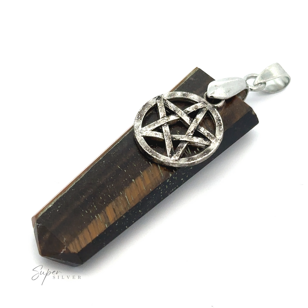 
                  
                    A pendant with a Pentagram charm attached to a dark, faceted crystal. The metal is silver-toned, and the pendant has a loop for attachment to a necklace. Branding "Pentagram Stone Slab Pendant" visible at the bottom.
                  
                
