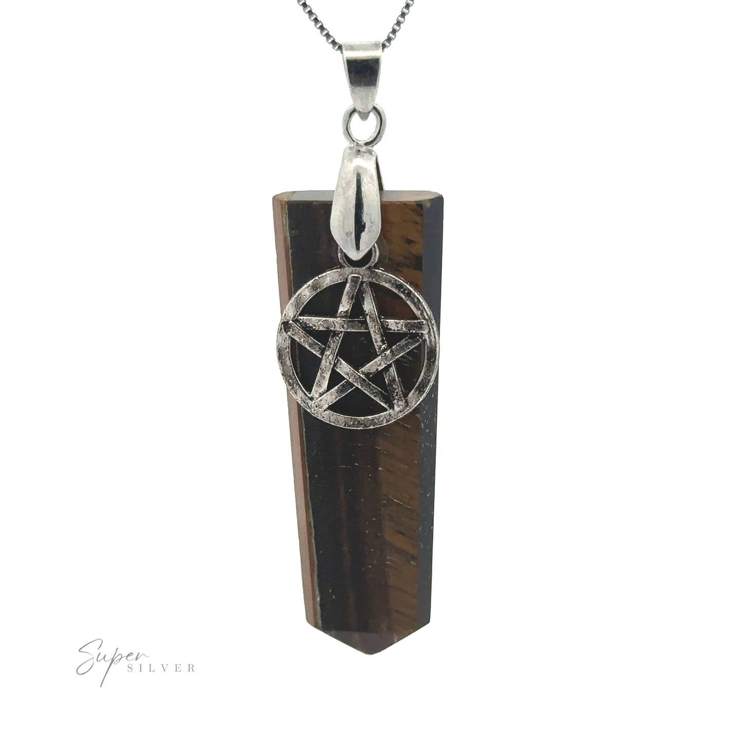 
                  
                    A Pentagram Stone Slab Pendant, with a pentagram charm attached to a brown, rectangular prism gemstone slab, hanging from a silver chain. The inscription "Super Silver" is in the bottom left corner.
                  
                