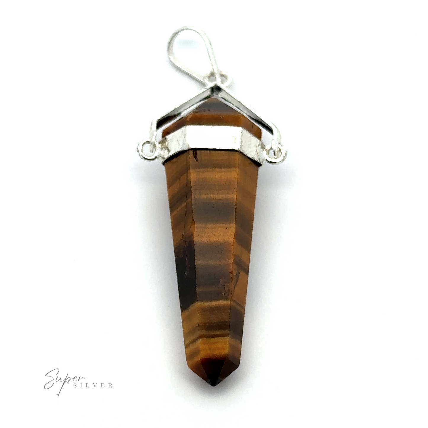 
                  
                    A Raw Stone Swivel Pendant with silver-plated detailing and a triangular, pointed shape, displayed against a plain white background.
                  
                