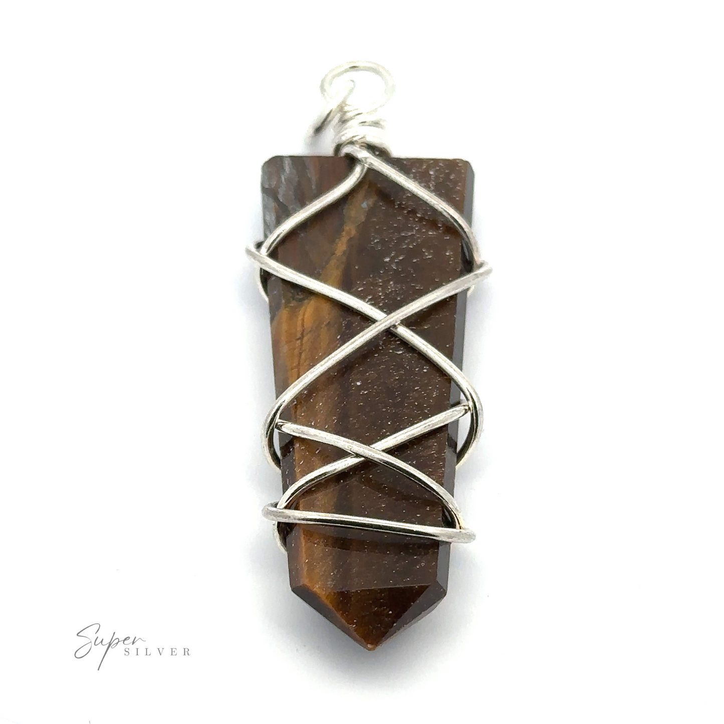 
                  
                    A Stone Slab Pendant with Wire Wrapping with a pointed end, wrapped with silver wire in a crisscross pattern and featuring a silver loop for attaching. "Super Silver" is inscribed in small text at the bottom left. This exquisite piece of wire-wrapped jewelry seamlessly combines mixed metals, creating an elegant and unique design.
                  
                