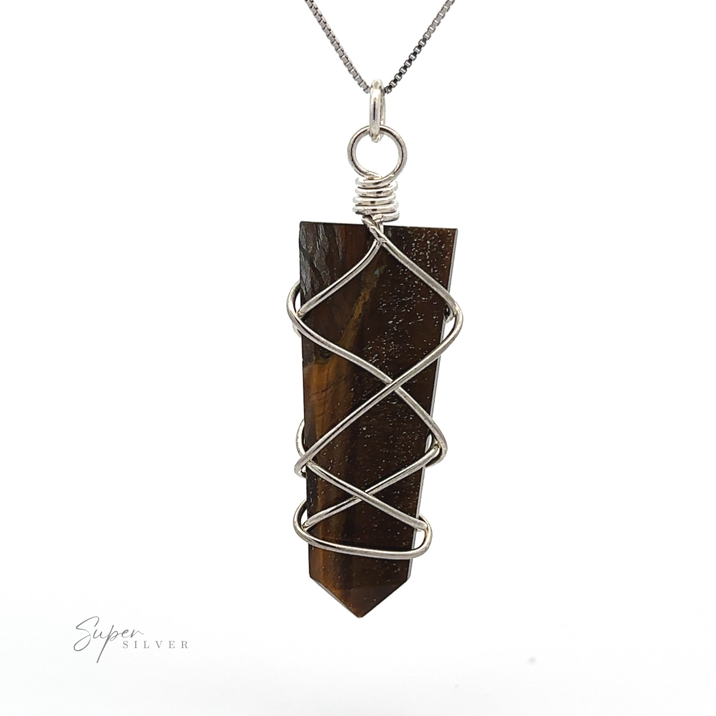 
                  
                    A pendant featuring a pointed brown gemstone wrapped in silver wire, hanging from a silver chain with "Stone Slab Pendant with Wire Wrapping" text in the bottom left corner. This stunning piece of wire wrapped jewelry showcases the perfect blend of elegance and craftsmanship.
                  
                