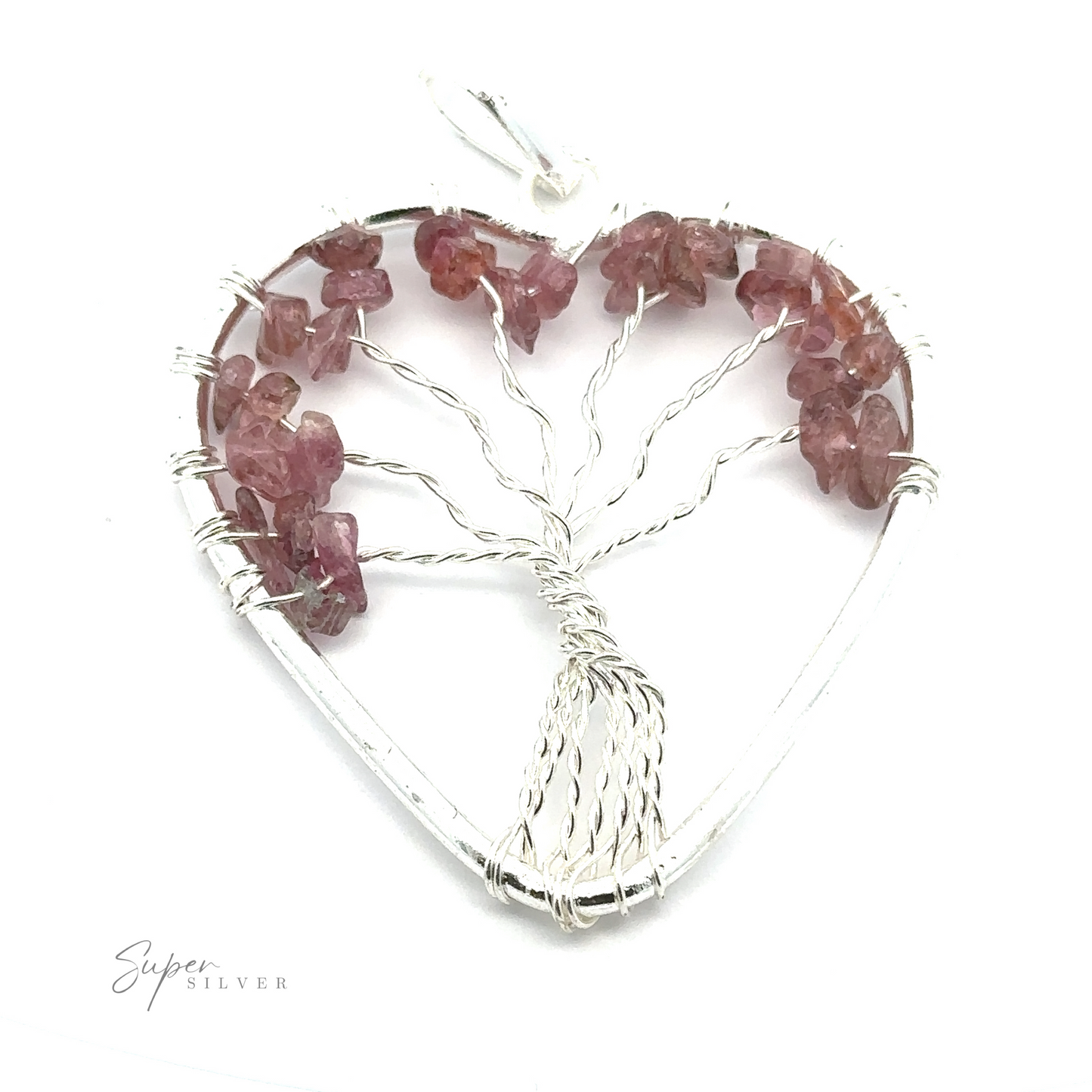 
                  
                    Heart Shaped Tree of Life Pendant featuring a central wire tree of life design adorned with pink gemstone leaves and scattered raw stone beads along the branches.
                  
                