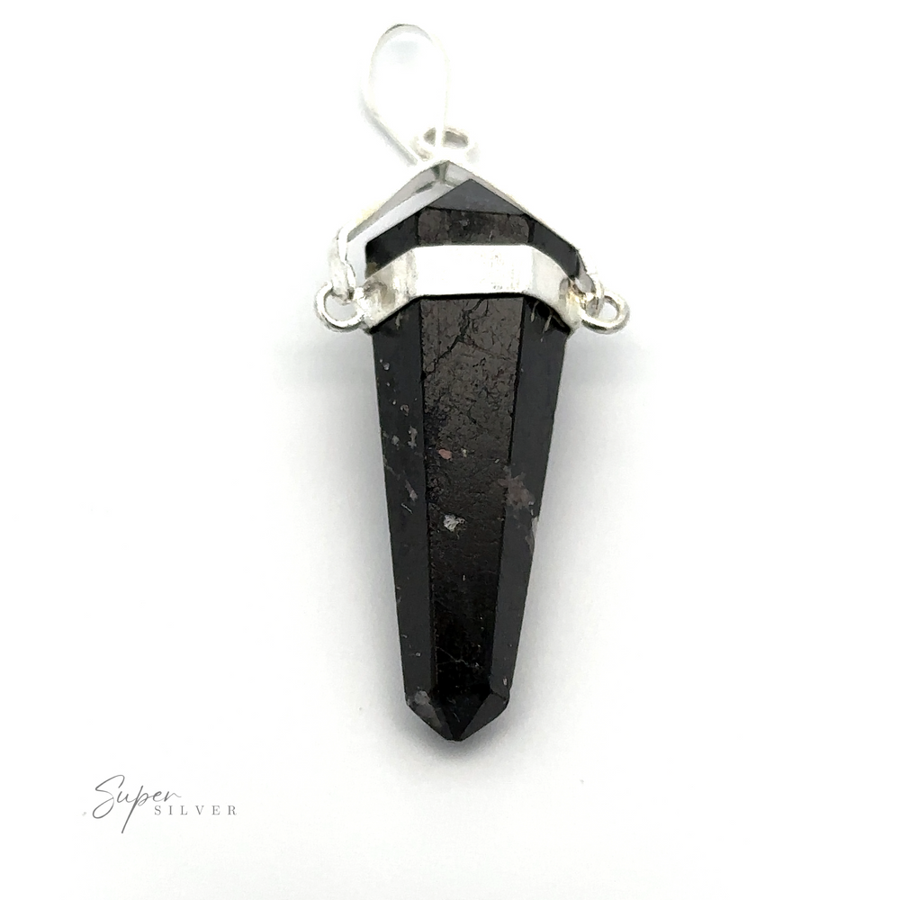 
                  
                    A Raw Stone Swivel Pendant with a silver-plated setting and a hook for attachment. The raw stone obelisk adds an earthy touch. The background is white with "Super Silver" text in the lower left corner.
                  
                