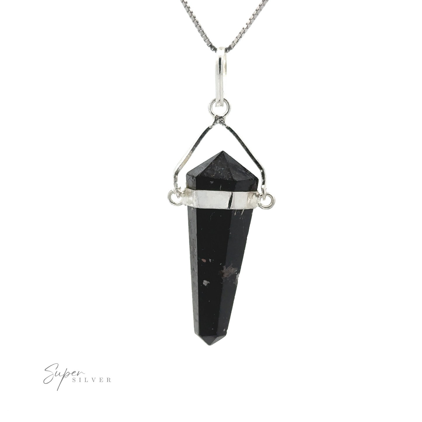 
                  
                    A Raw Stone Swivel Pendant encased in a silver-plated setting hangs from a silver chain. The logo "Super Silver" is visible in the bottom left corner.
                  
                