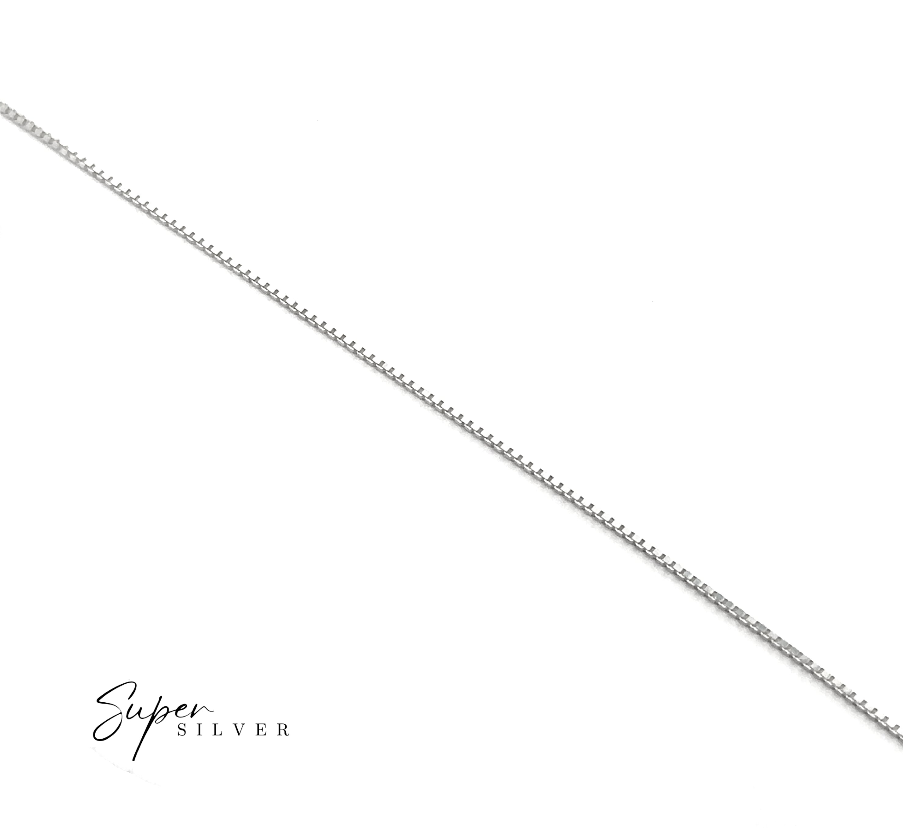 A Delicate Sterling Silver D/C Box Chain is shown diagonally on a white background, with "Super Silver" in the bottom left corner.