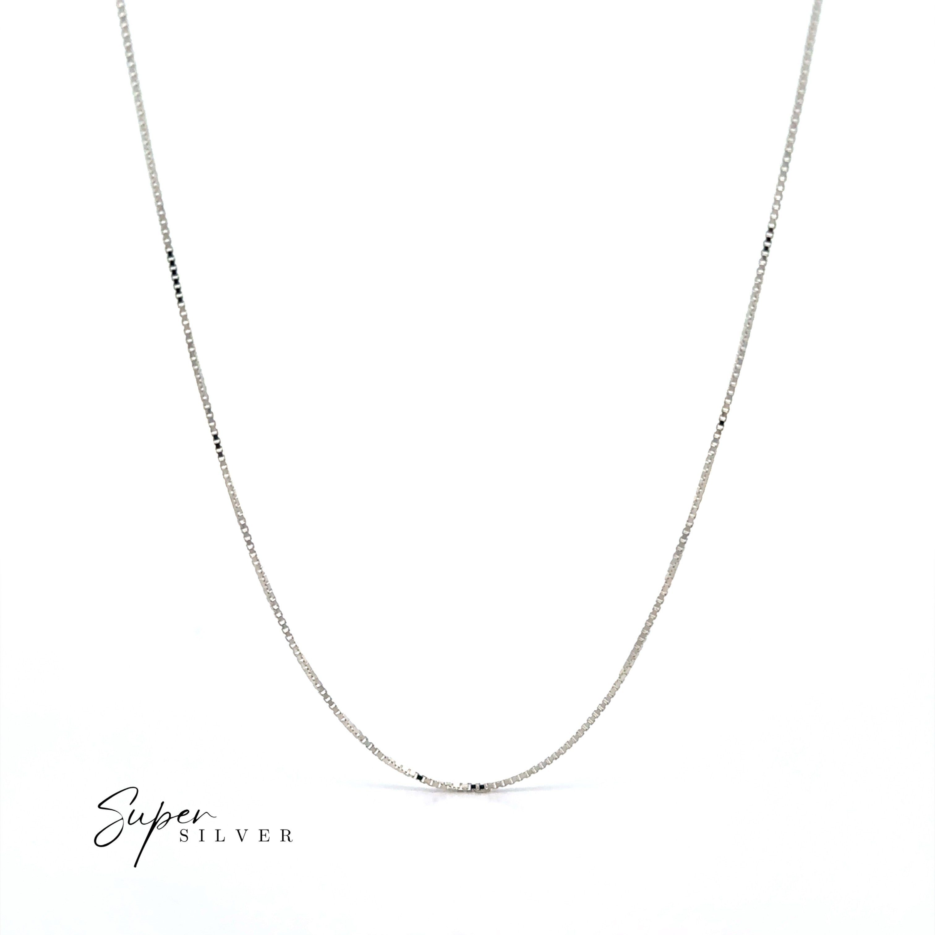 A Delicate Sterling Silver D/C Box Chain necklace is shown on a plain white background with the "Super Silver" logo in the lower left corner.