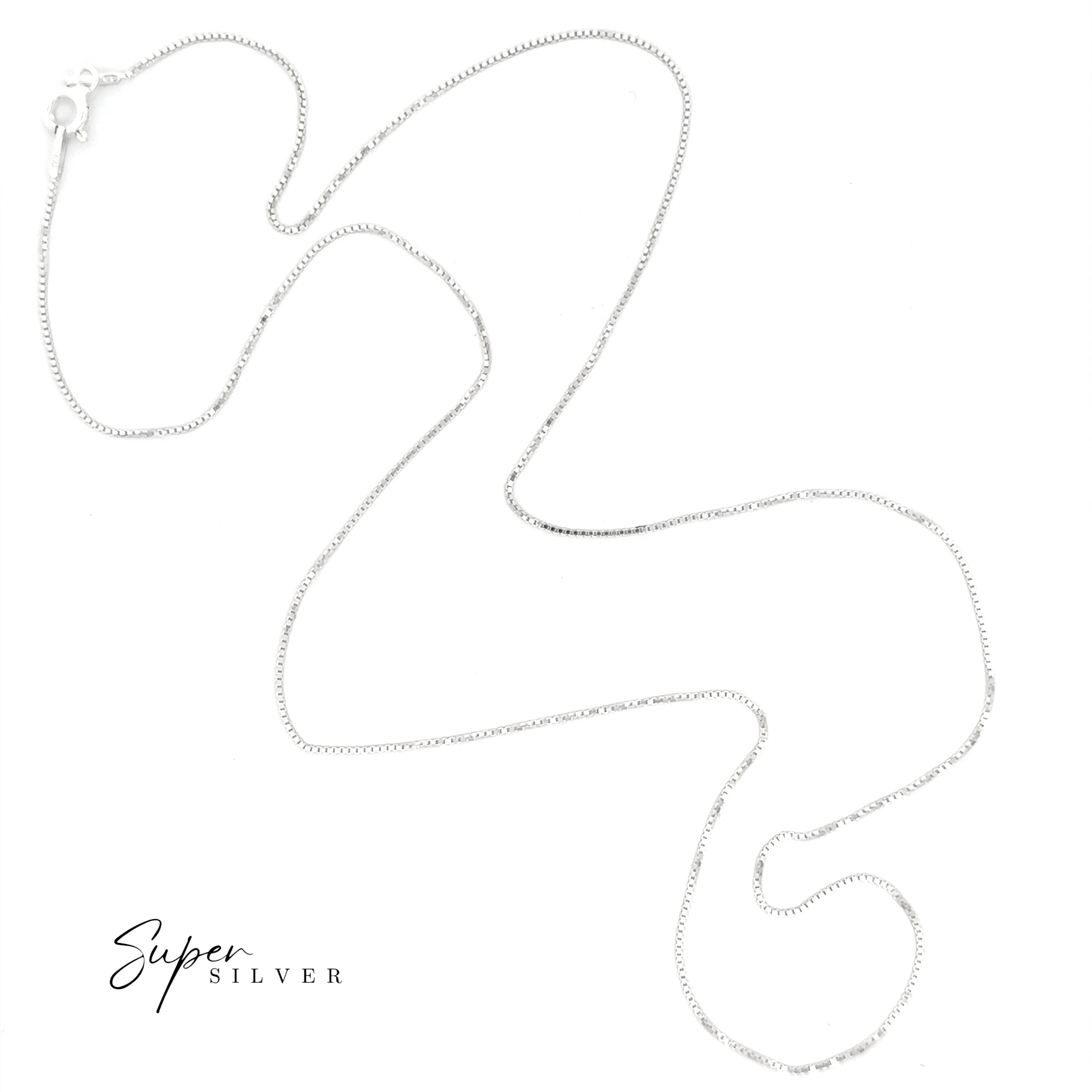 A Delicate Sterling Silver D/C Box Chain necklace with a lobster clasp is featured against a white background. The "Super Silver" logo is in the bottom left, highlighting timeless Italian craftsmanship.