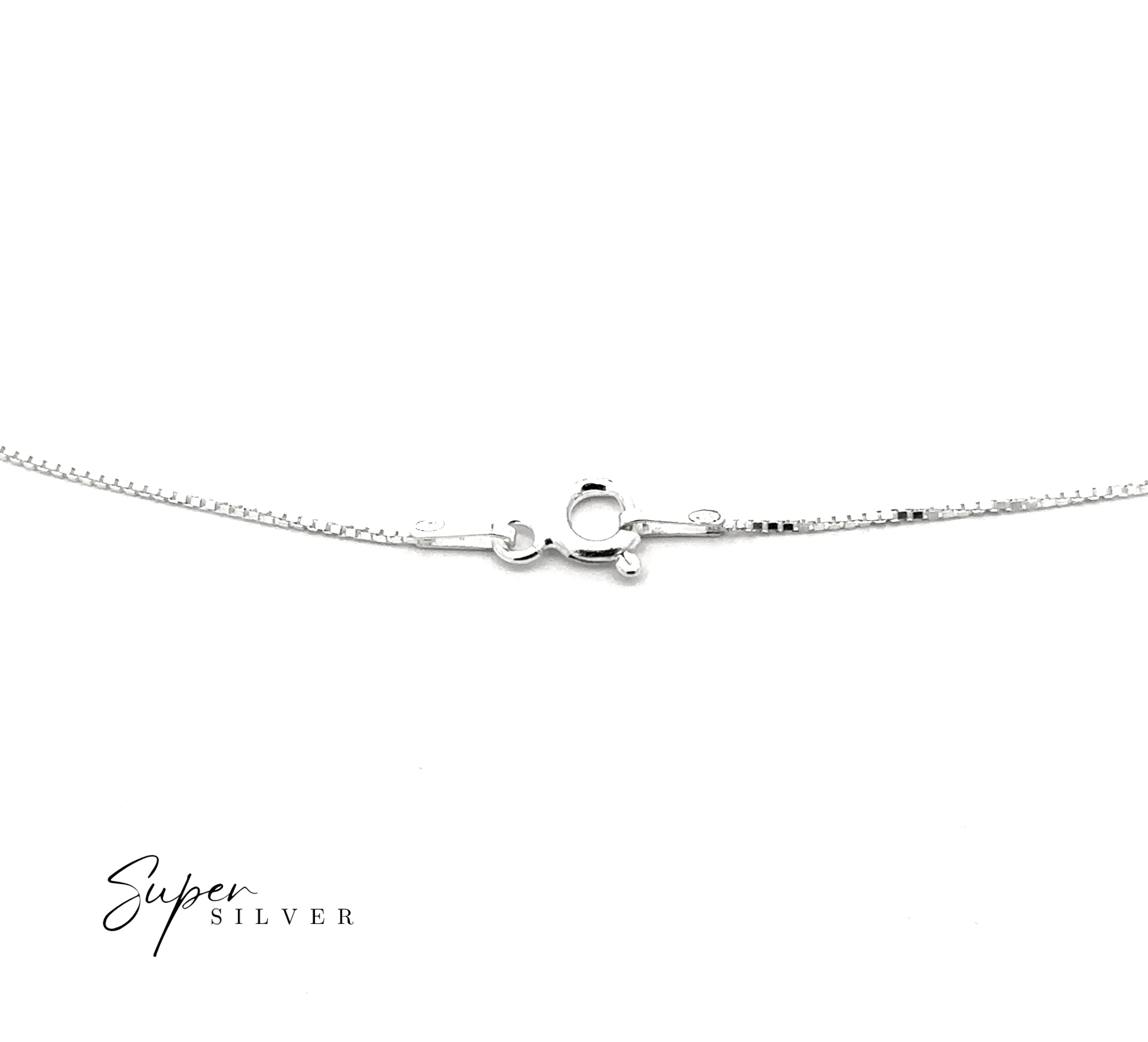 The Delicate Sterling Silver D/C Box Chain features Italian craftsmanship, a lobster clasp, and a classic box chain design. Shown on a white background with the "Super Silver" logo in the bottom left corner.