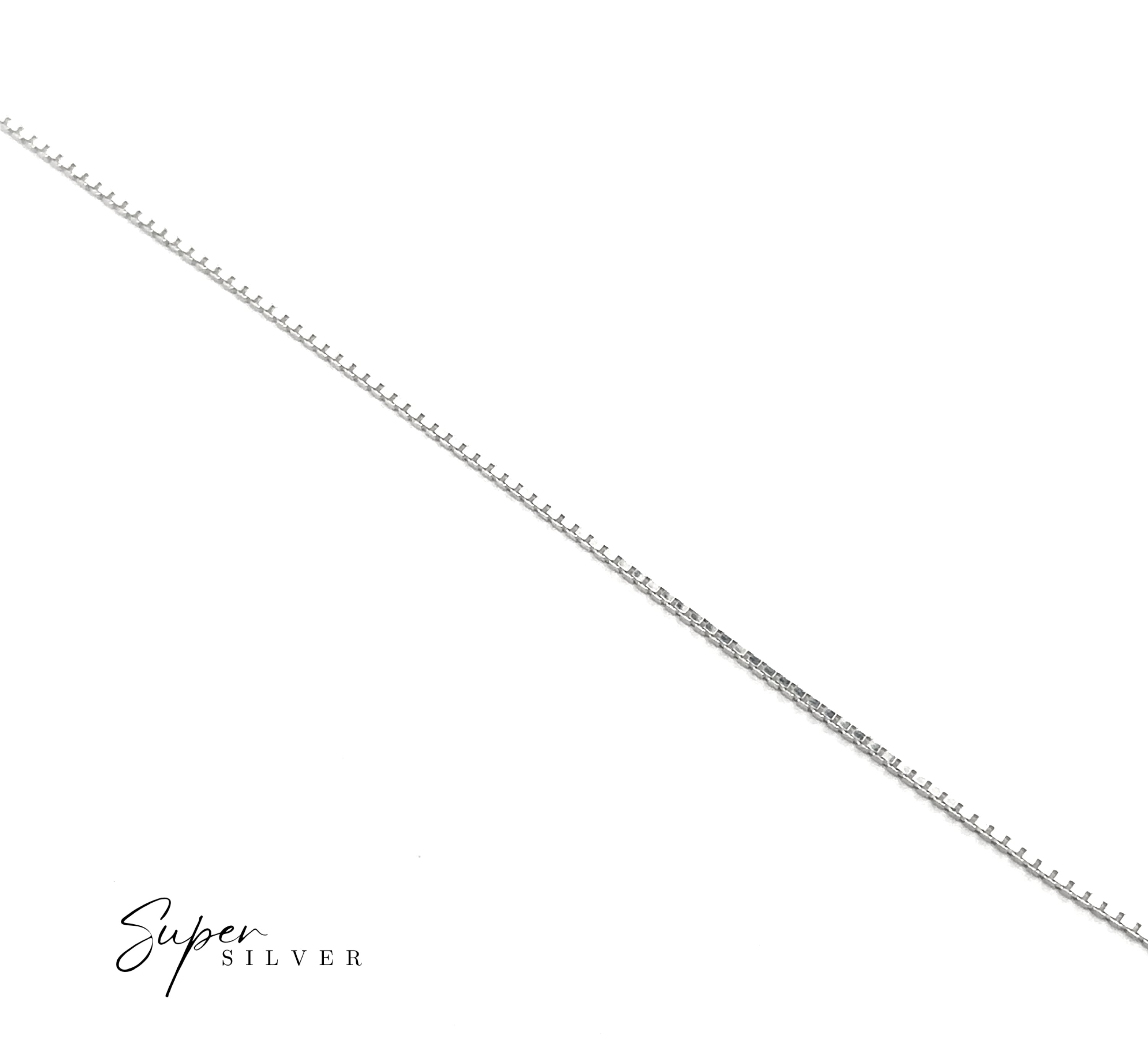 A Delicate Sterling Silver D/C Box Chain necklace is arranged diagonally on a white background, with "Super Silver" featured in the lower left corner.