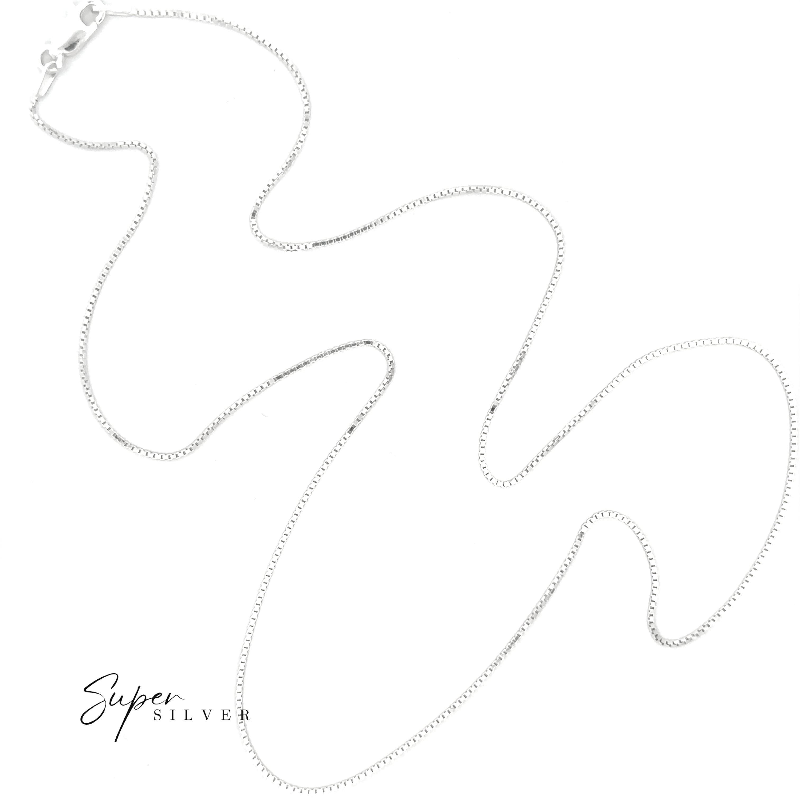 The Delicate Sterling Silver D/C Box Chains feature a thin Italian box chain design and lobster clasp. Shown on a white background, the "Super Silver" logo is visible in the bottom left corner.