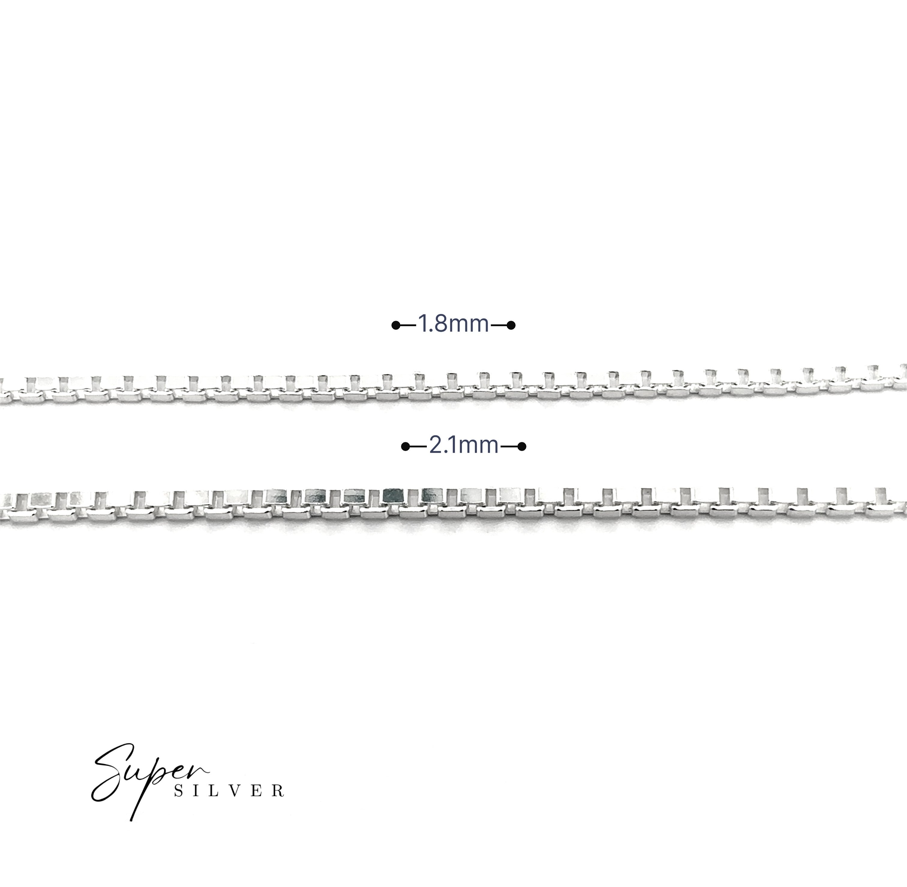 Two Bold Italian Box Chains in sterling silver, sized 1.8 mm and 2.1 mm, are shown side by side on a white background—ideal for minimalist jewelry lovers. "Super Silver" is displayed in the bottom left corner.