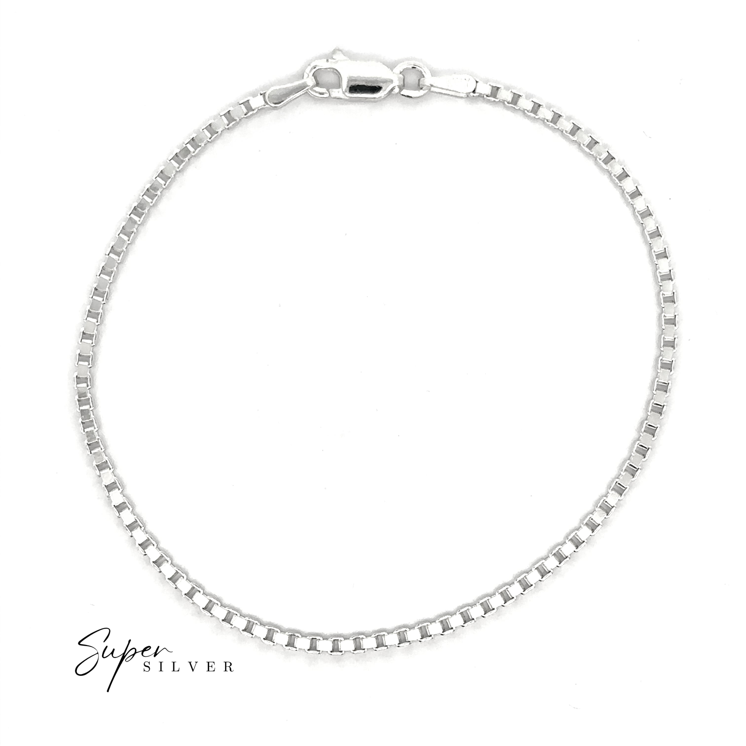 The Bold Italian Box Chain bracelet in sterling silver features a lobster clasp and is shown on a white background with the "Super Silver" logo—ideal for minimalist jewelry lovers.