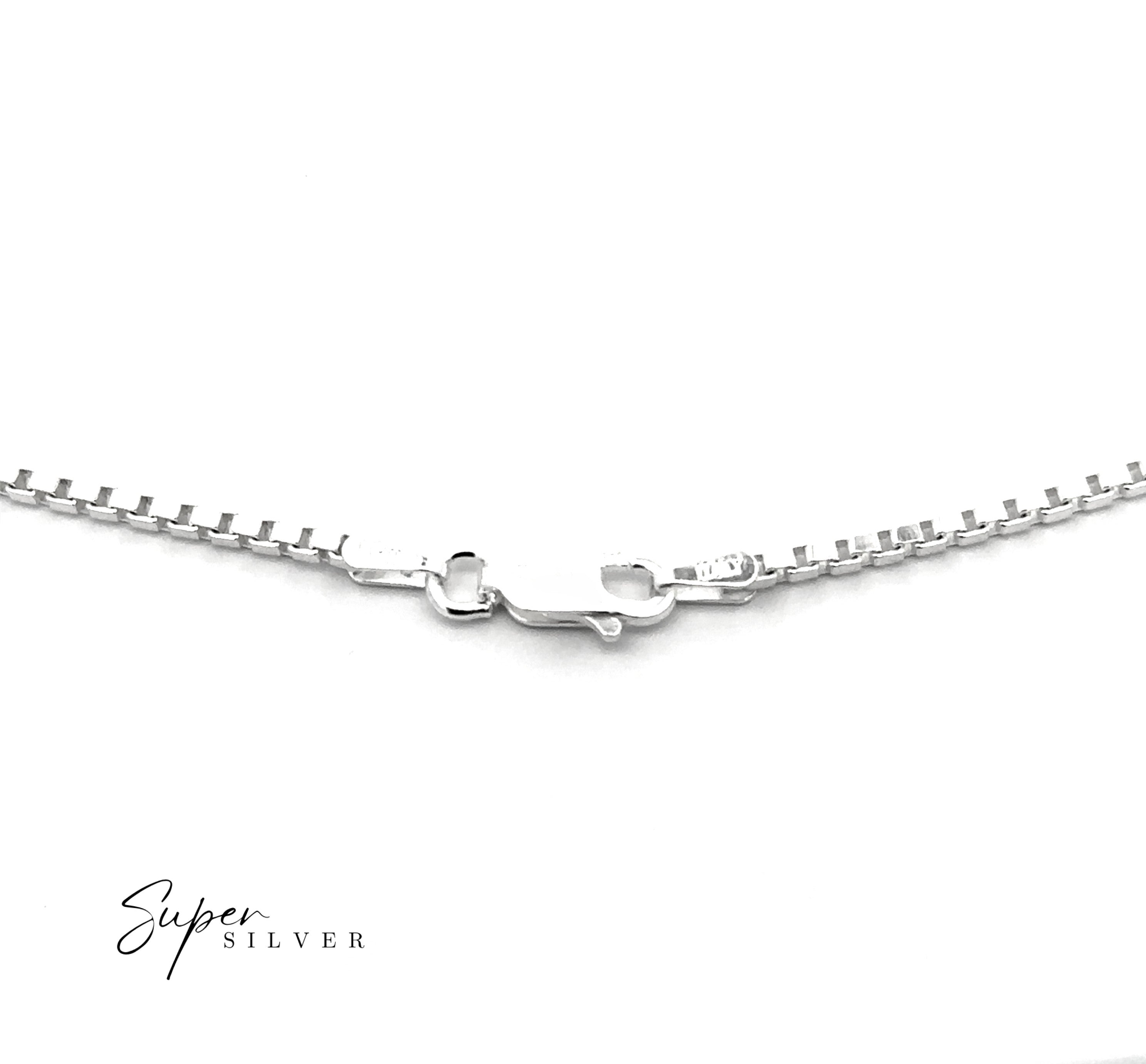 Close-up of the Bold Italian Box Chain in sterling silver with a lobster clasp, displayed on a white background. "Super Silver" appears in the bottom left. Ideal for those who appreciate minimalist jewelry and timeless elegance.