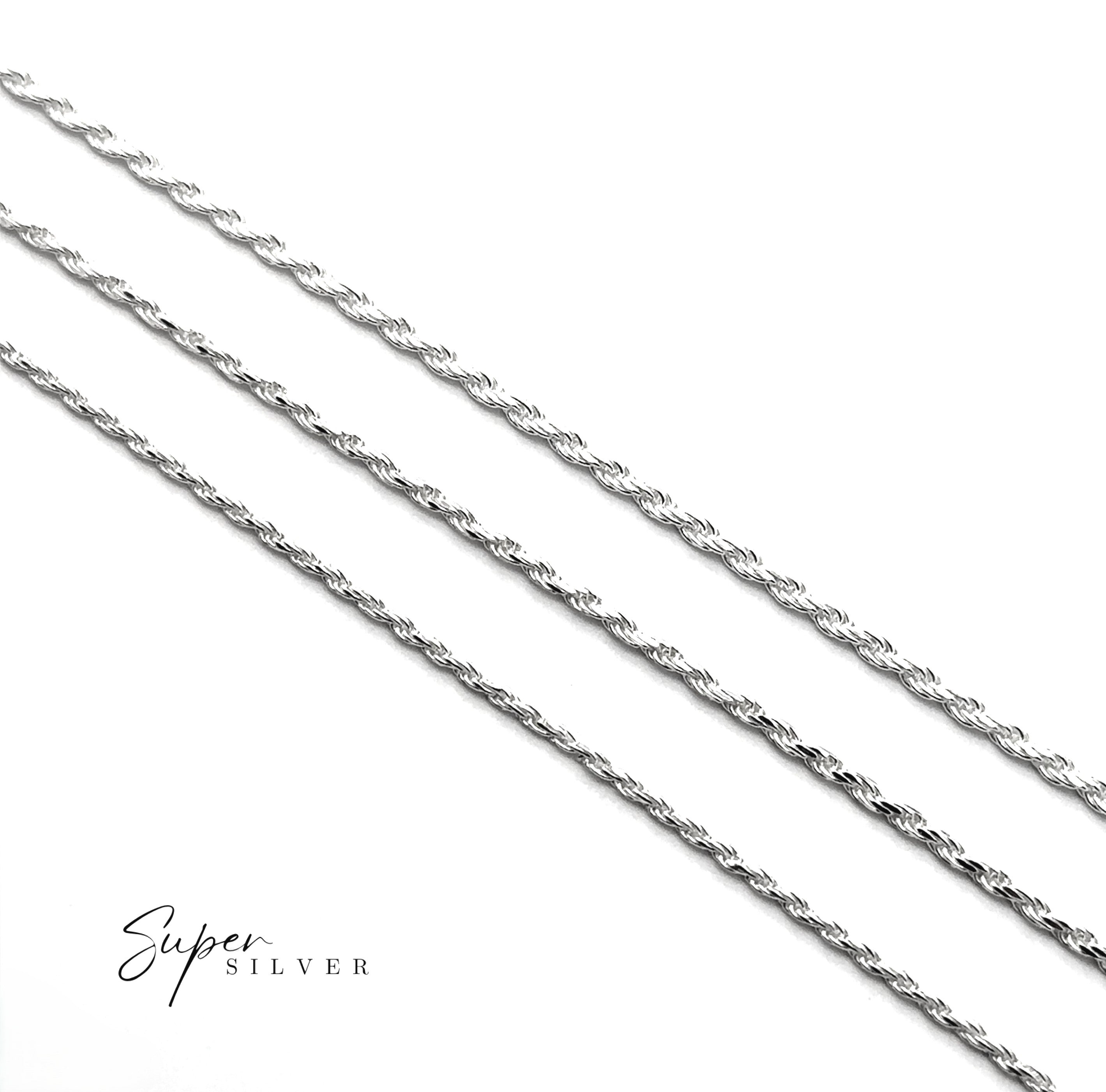 Three Delicate Italian D/C Rope Chains in diamond-cut sterling silver are displayed diagonally on a white background, with "Super Silver" text in the lower left corner.