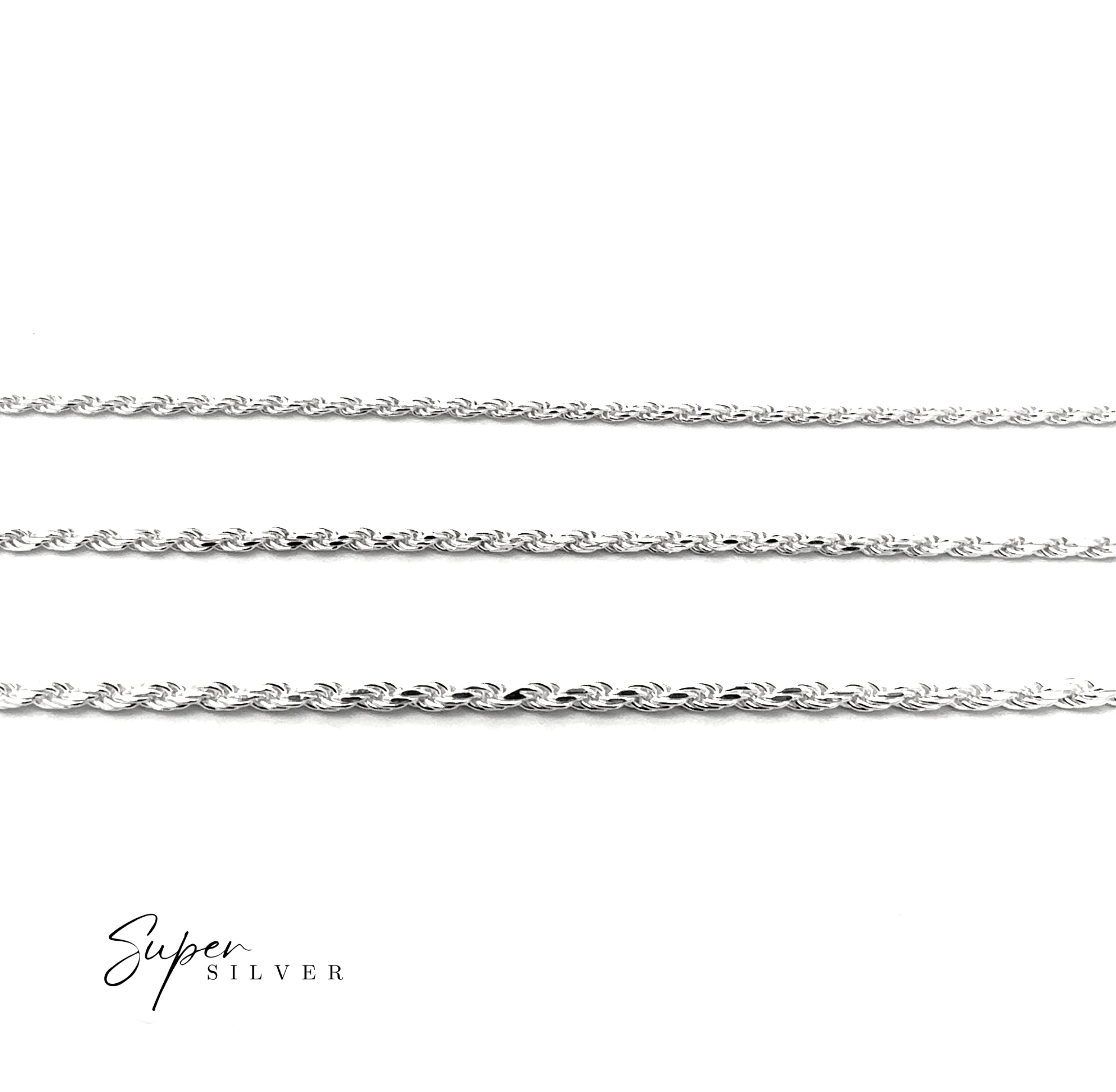 Three Delicate Italian D/C Rope Chains in diamond-cut sterling silver are displayed horizontally on a white background, featuring the "Super Silver" logo in the lower left corner.