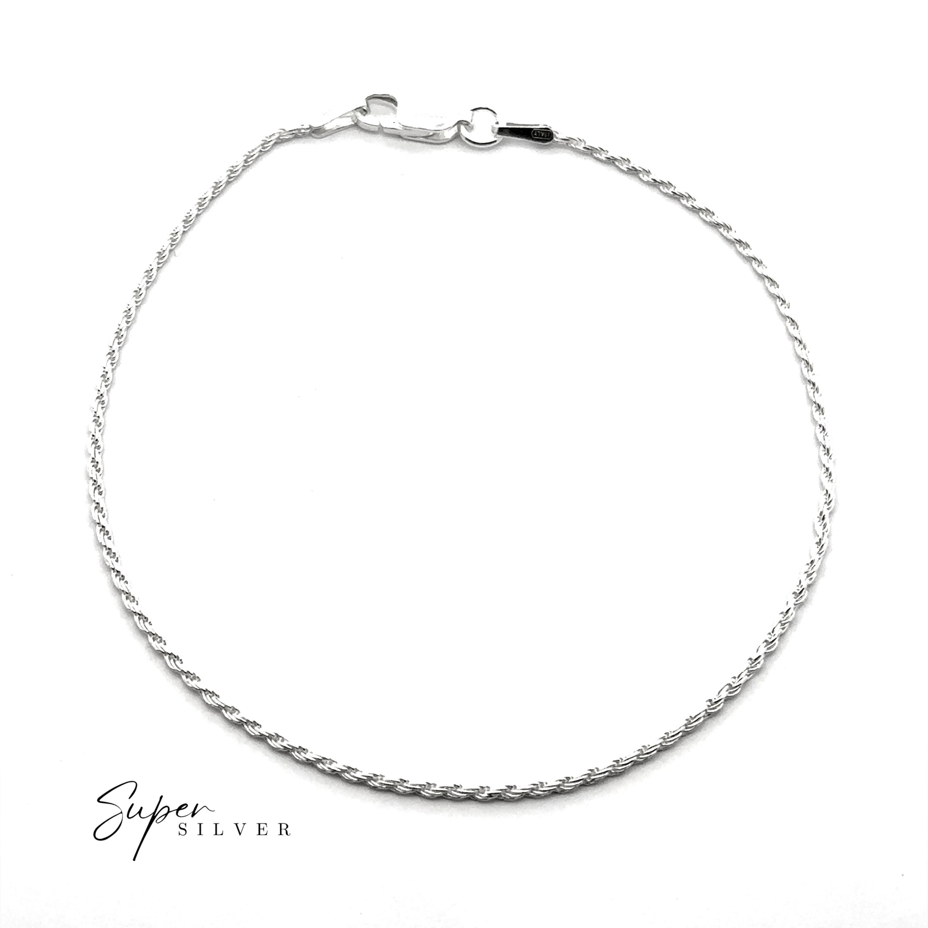 The Delicate Italian D/C Rope Chain bracelet with a lobster clasp is shown on a white background, featuring "Super Silver" text in the lower left corner.