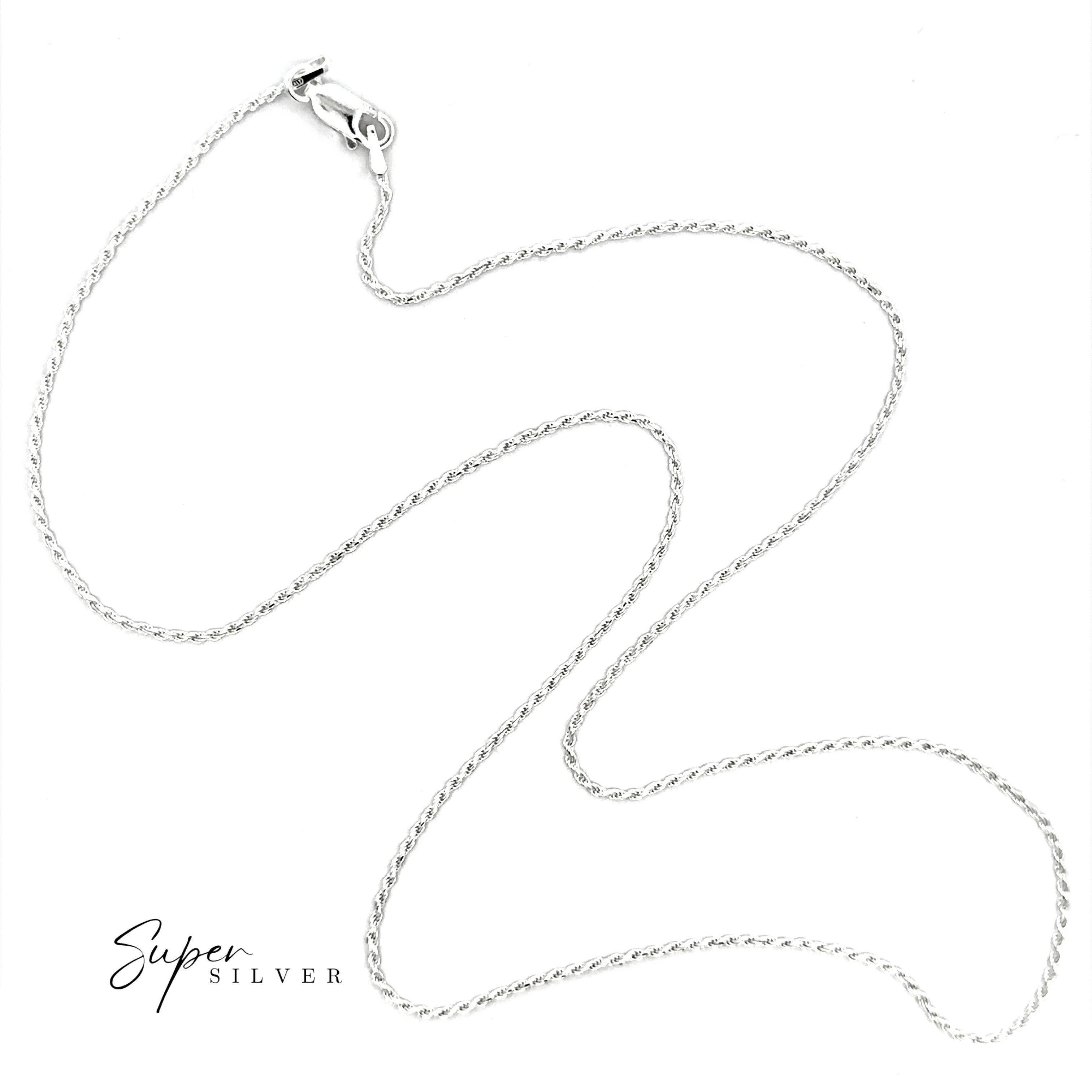 The Delicate Italian D/C Rope Chain, featuring a faceted design and lobster clasp, is shown against a white background. The "Super Silver" logo appears in the bottom left corner.