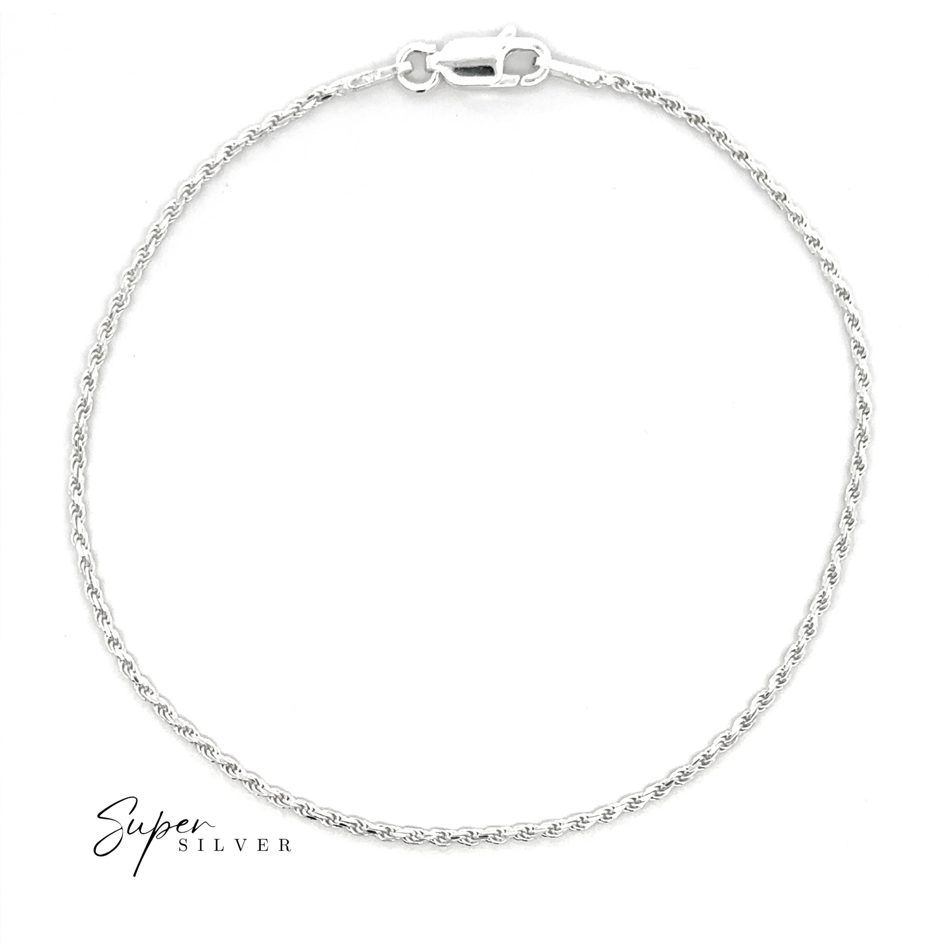 The Delicate Italian D/C Rope Chain bracelet with a lobster clasp is shown arranged in a circle on a white background. "Super Silver" appears in the bottom left corner.