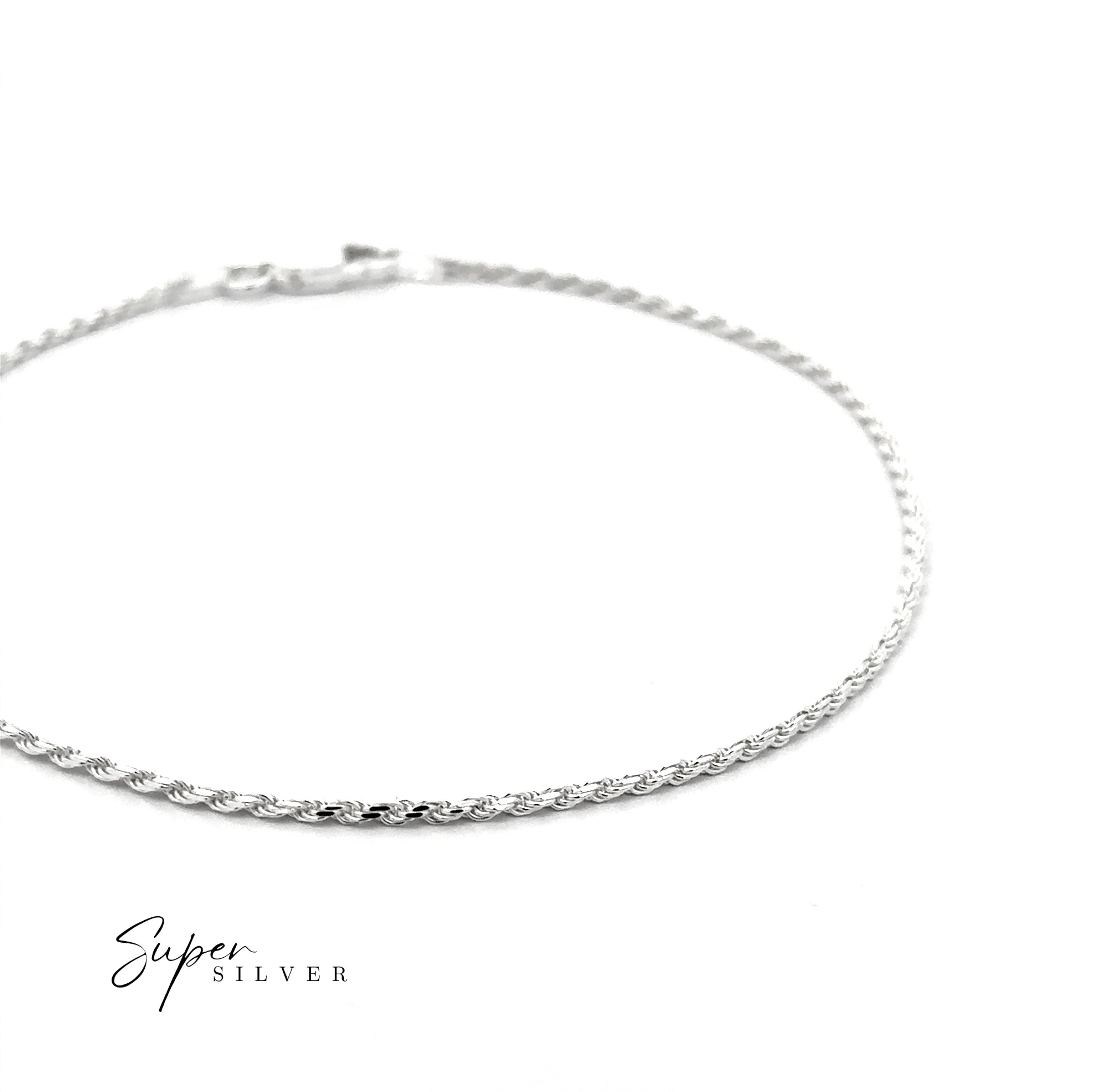 A Delicate Italian D/C Rope Chain bracelet with a clasp is shown on a white background. "Super Silver" is displayed in the lower left corner.