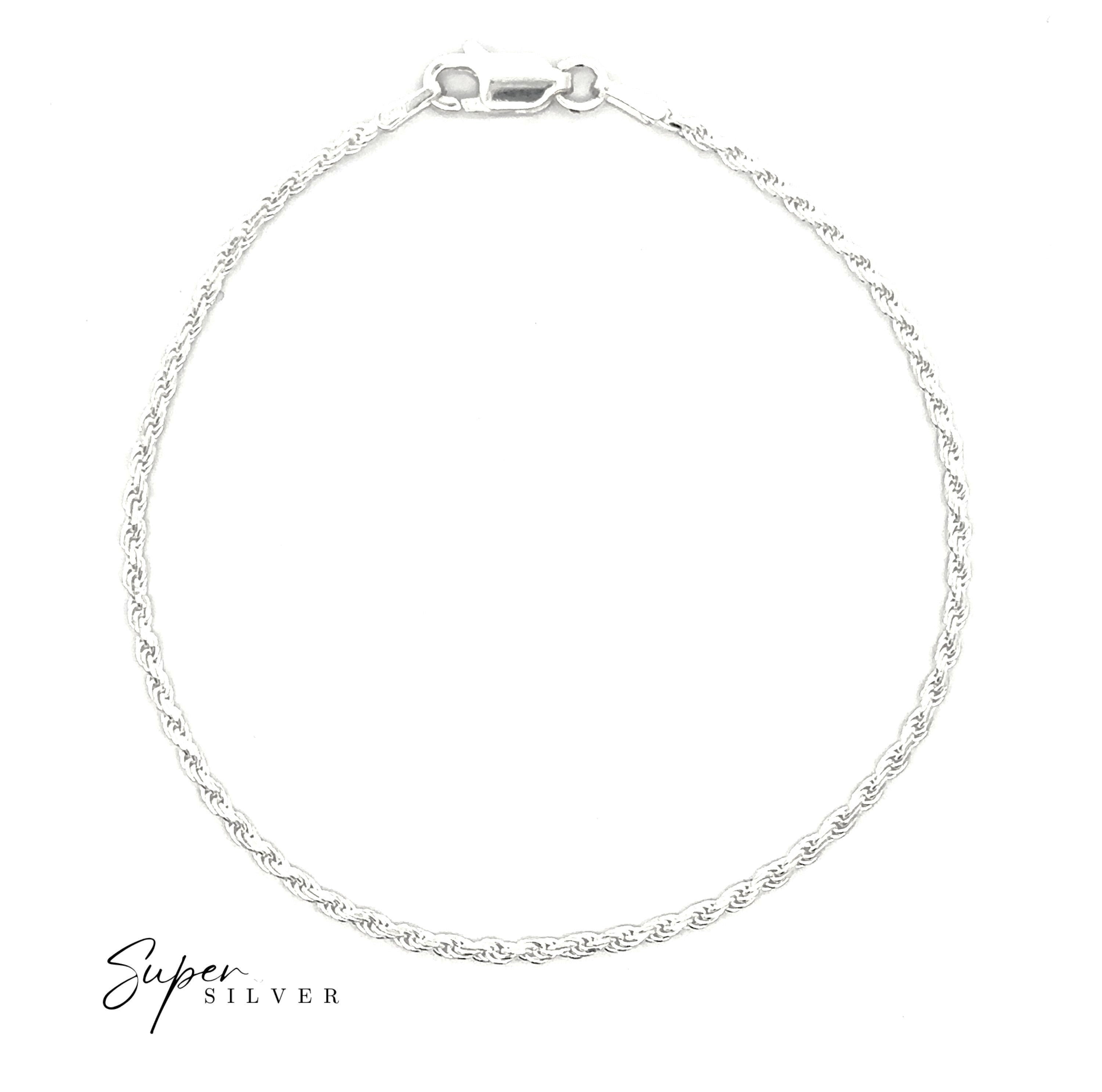 The Delicate Italian D/C Rope Chain bracelet, featuring a thin twisted design and a lobster clasp, is shown on a white background. "Super Silver" is displayed in the bottom left corner.