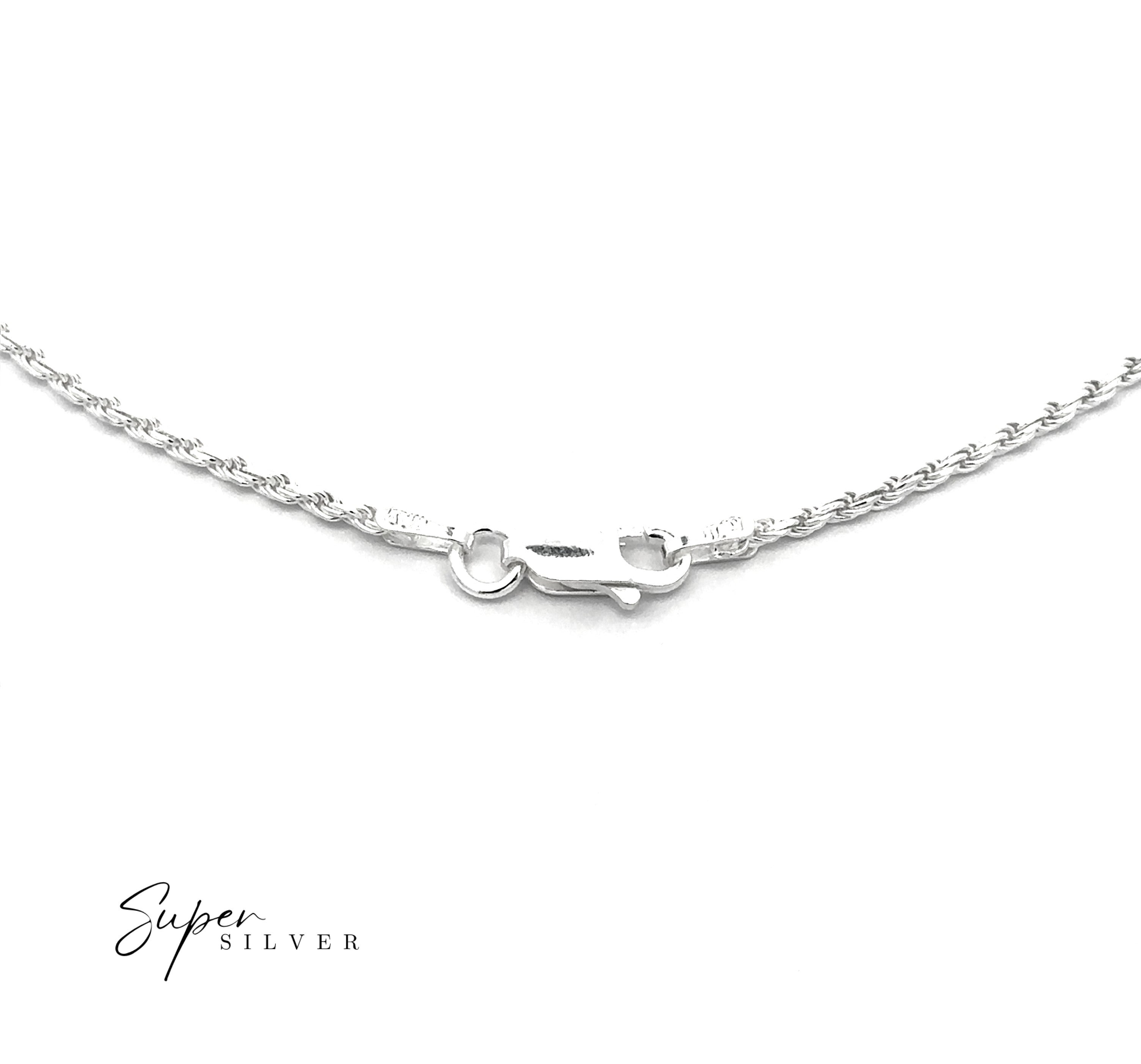 Close-up of the Delicate Italian D/C Rope Chain, a sterling silver necklace with diamond-cut detailing and a lobster clasp, displayed on a white background. The "Super Silver" logo appears in the lower left corner.