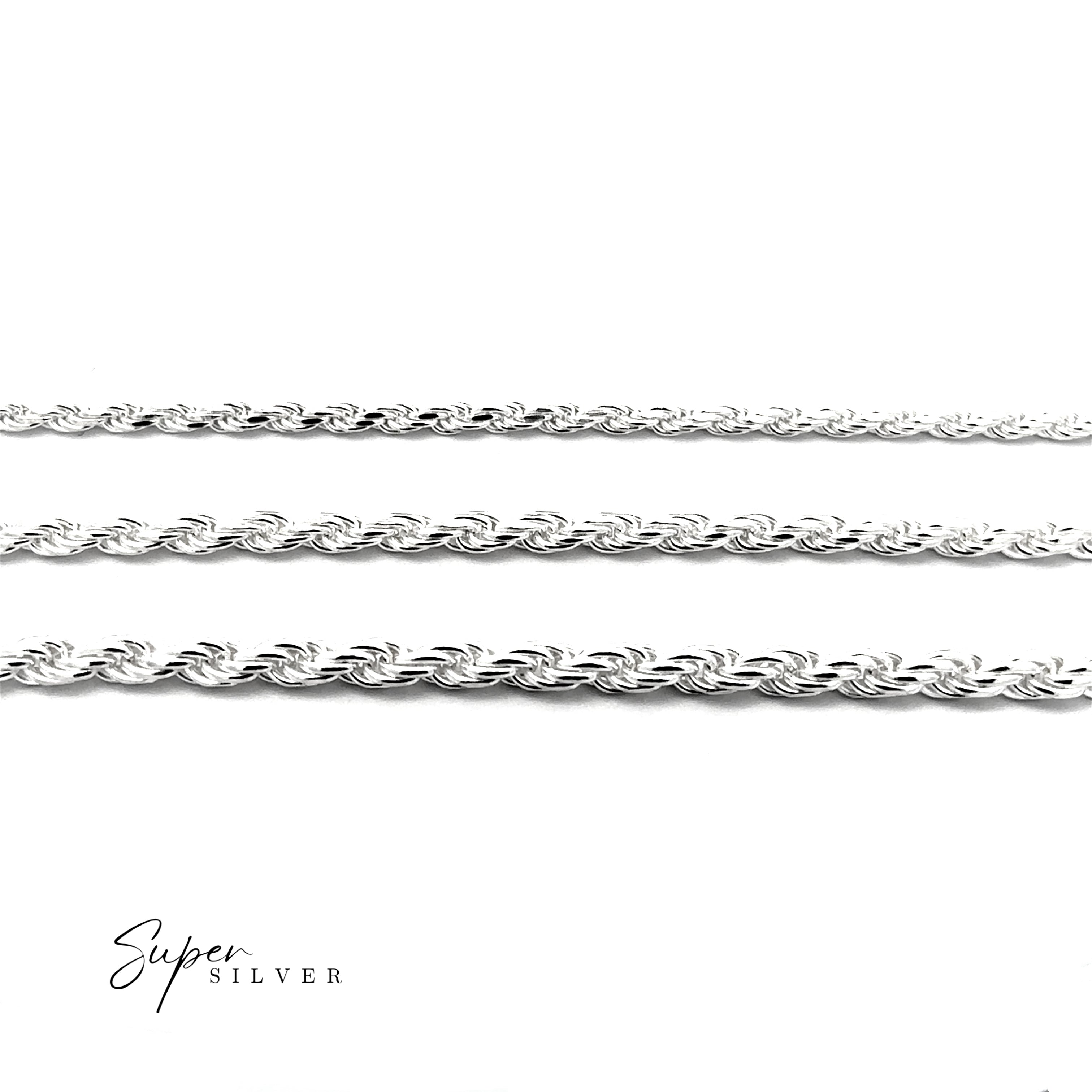 The Italian D/C Rope Chain, a sterling silver necklace, is displayed horizontally on a white background with "Super Silver" in the bottom left corner.