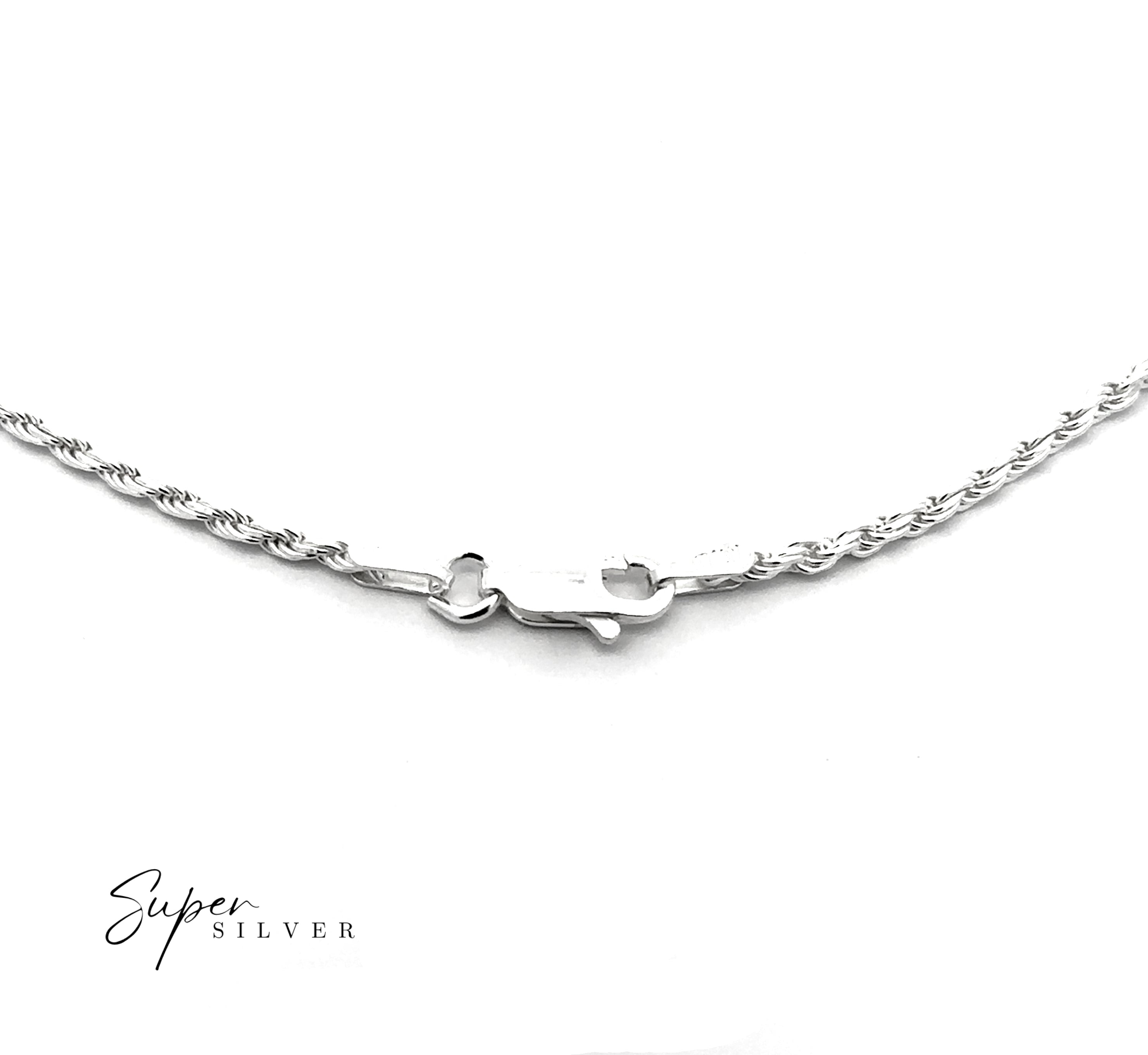 A close-up of the Italian D/C Rope Chain sterling silver necklace with a lobster clasp, showcased on a white background. Its faceted design shines brightly, and the "Super Silver" logo appears in the bottom left corner.