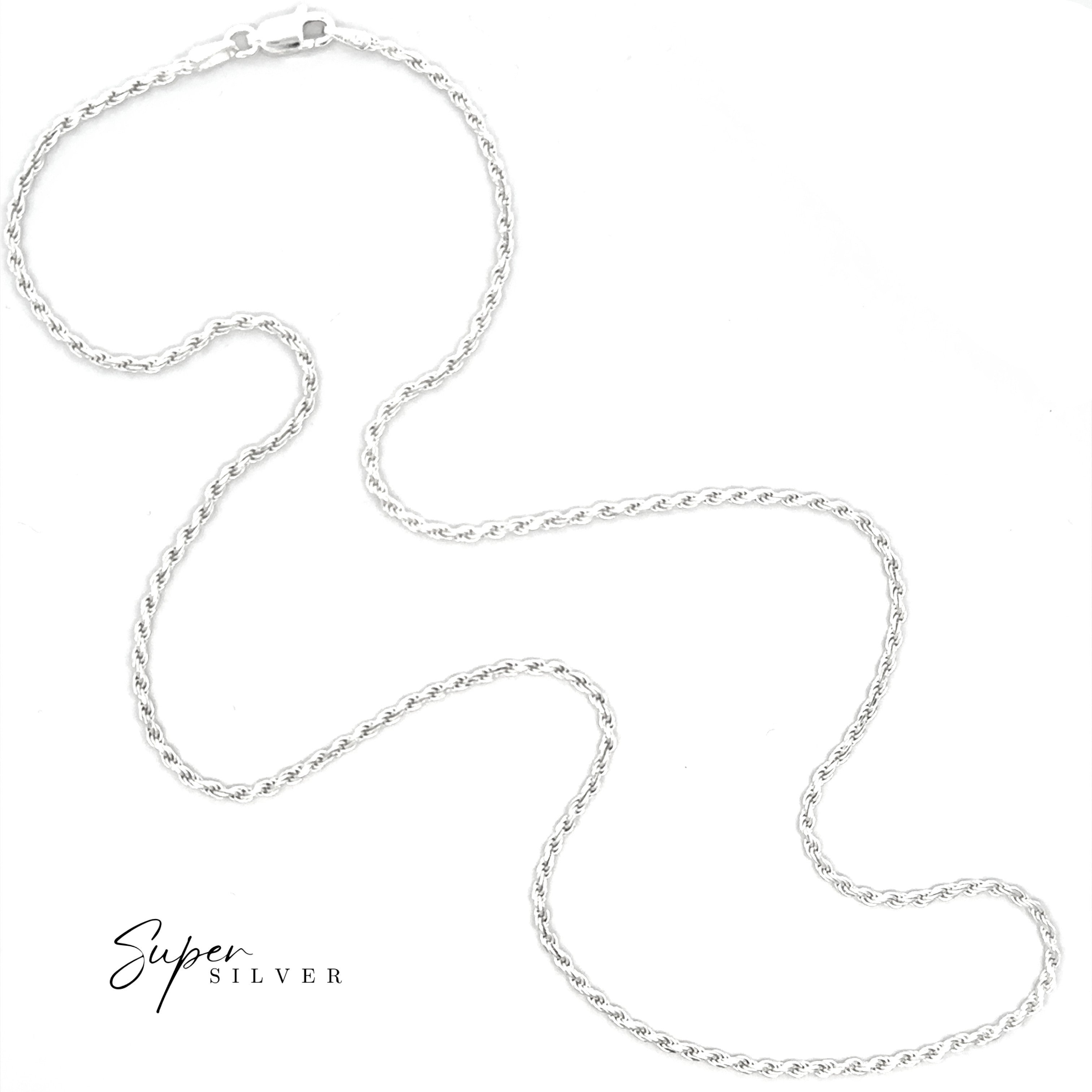 The Italian D/C Rope Chain sterling silver necklace is displayed on a white background, with "Super Silver" shown in the bottom left corner.