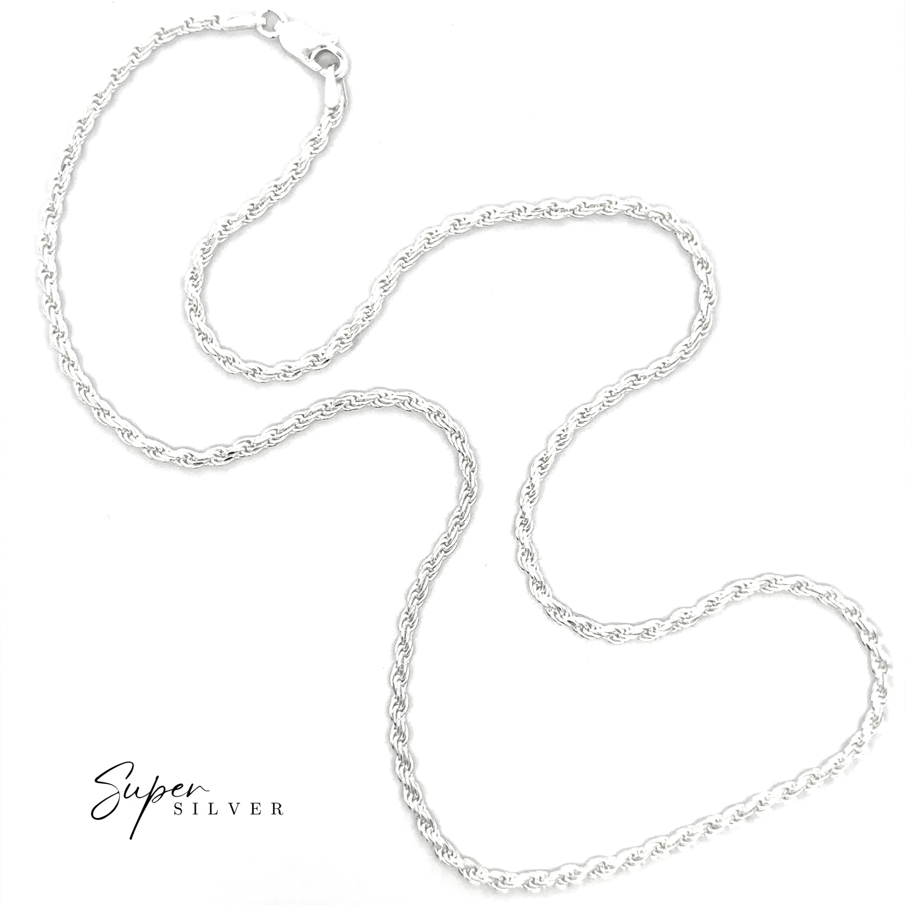 The Italian D/C Rope Chain, a sterling silver necklace with an elegant rope design, is shown on a white background with "Super Silver" in the lower left corner.