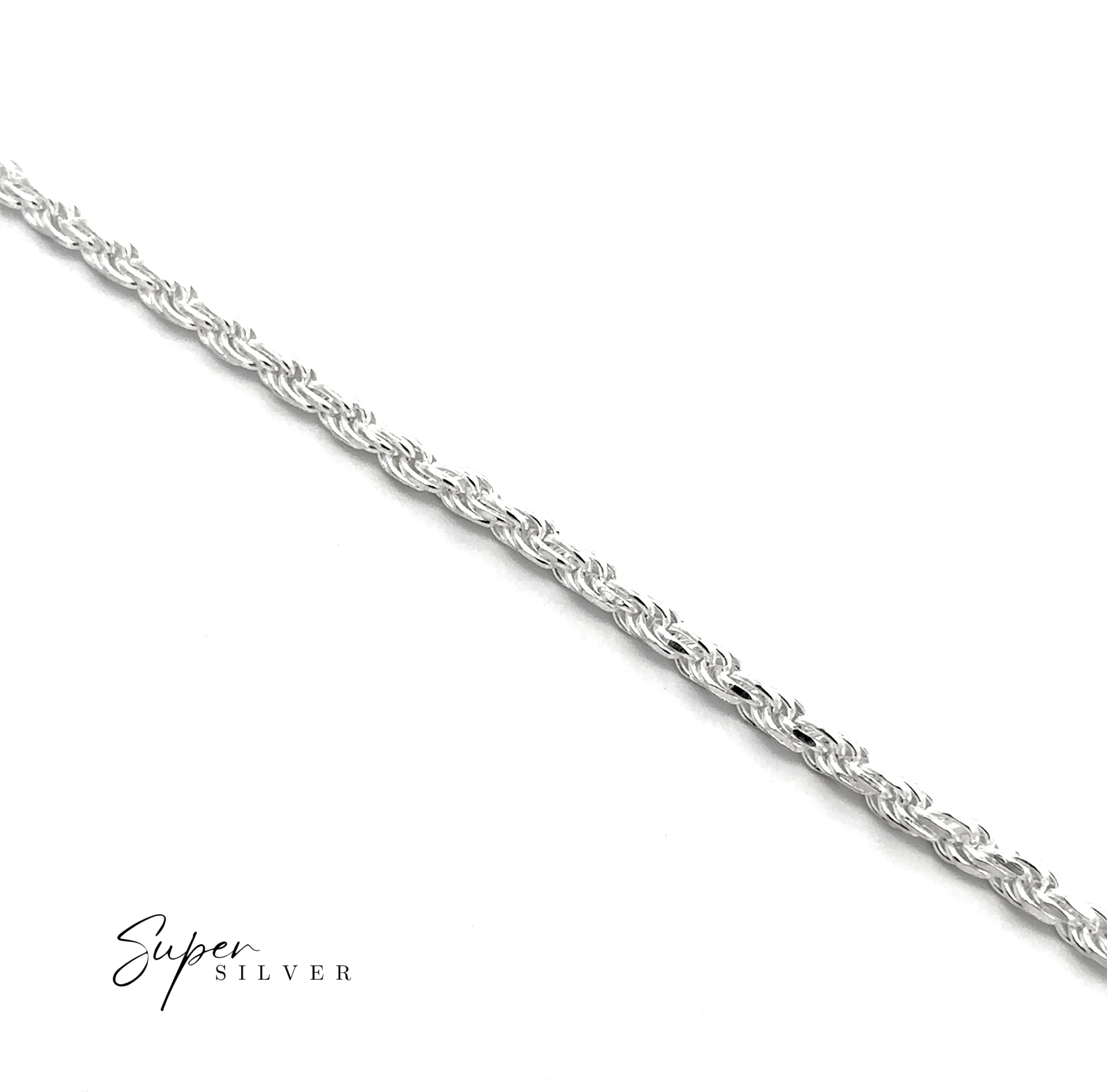 A close-up of the Italian D/C Rope Chain bracelet displayed diagonally on a white background, with the text "Super Silver" in the bottom left corner.