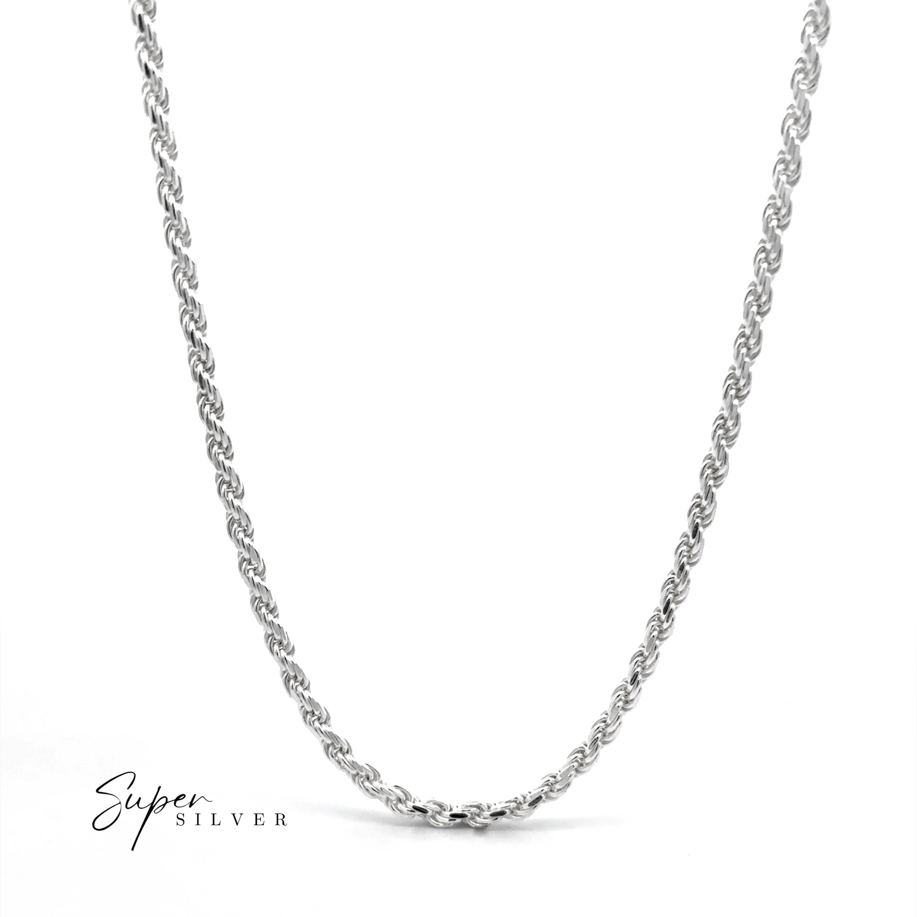 A close-up of the Italian D/C Rope Chain necklace in sterling silver on a white background, featuring the "Super Silver" logo in the bottom left corner.