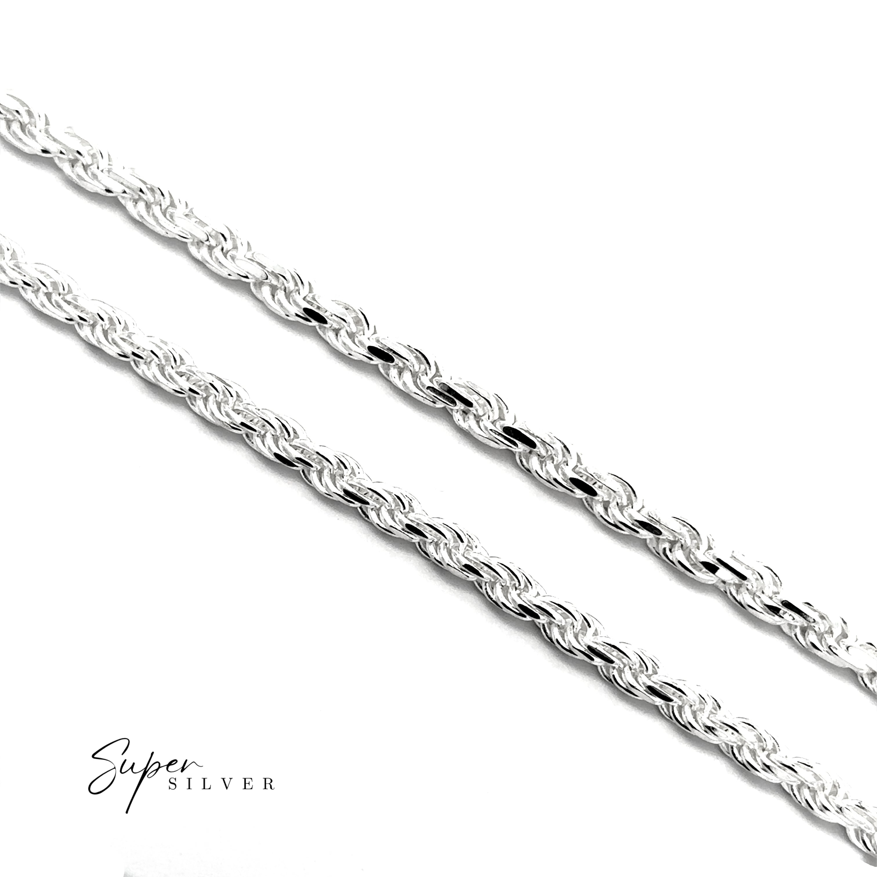 Two Thick Italian D/C Rope Chains are displayed diagonally on a white background, with the "Super Silver" logo in the bottom left corner.