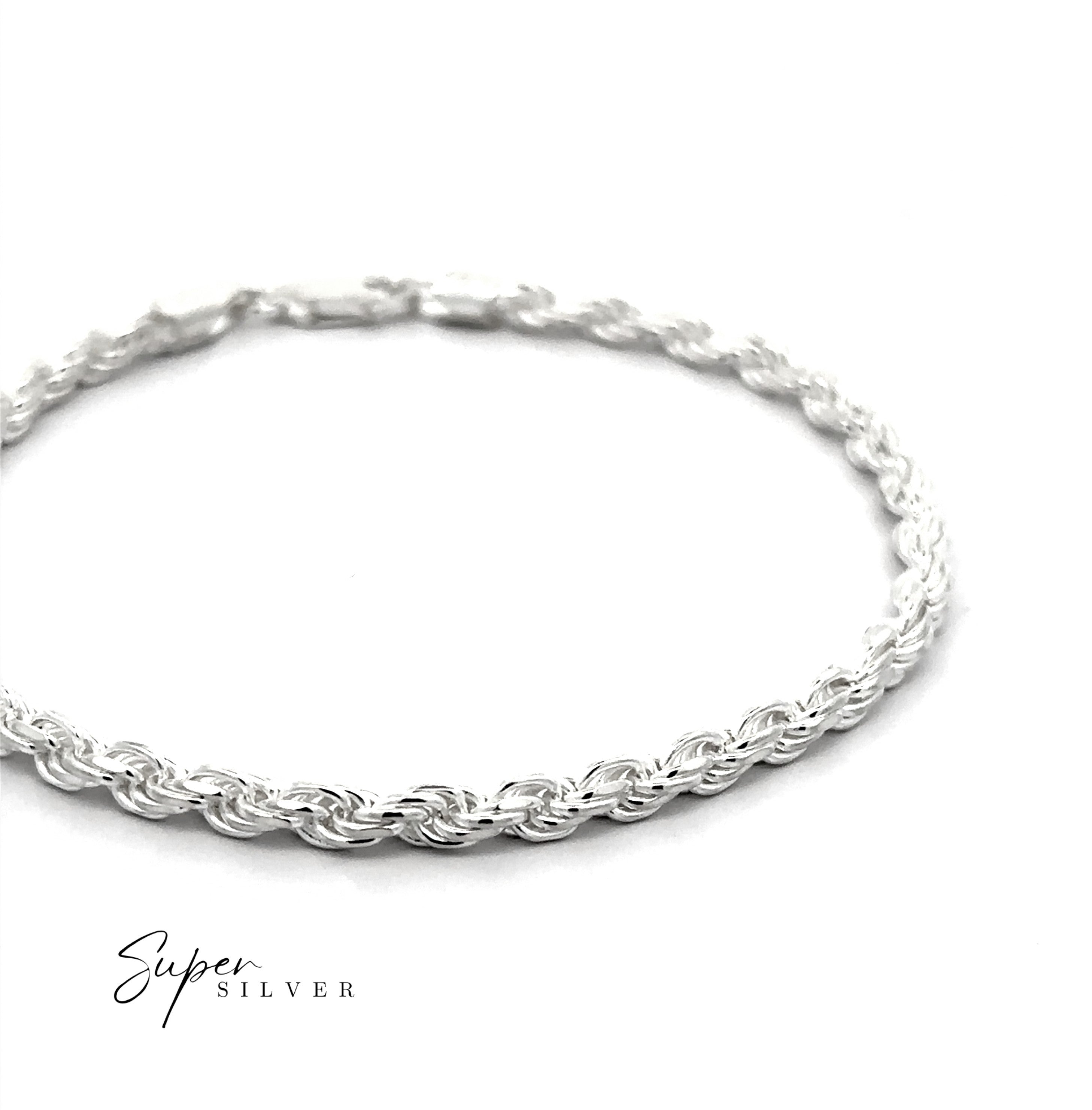 A Thick Italian D/C Rope Chain bracelet in sterling silver is showcased on a white background, featuring the "Super Silver" text in the lower left corner.