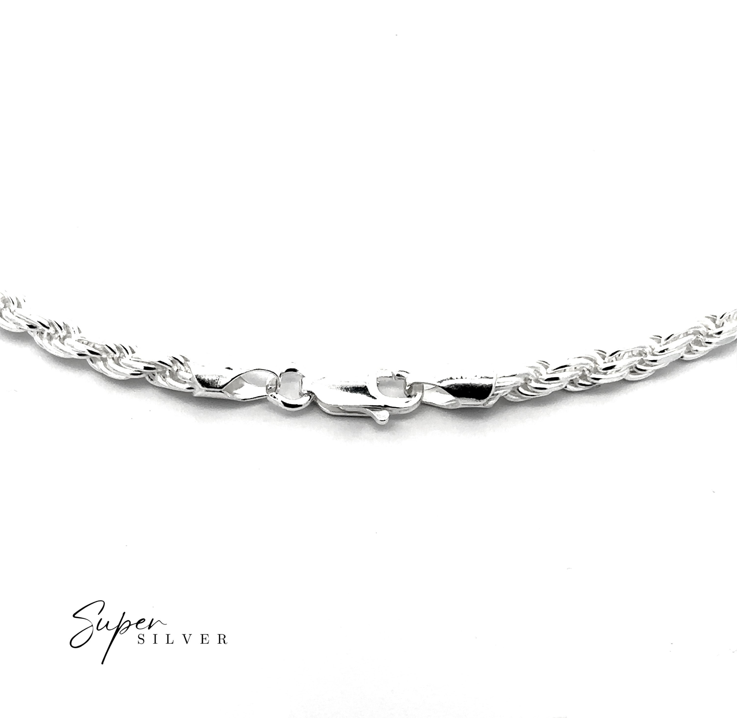 Close-up of the Thick Italian D/C Rope Chain men's silver necklace with a twisted diamond-cut design and lobster clasp, shown on a white background. "Super Silver" logo appears in the bottom left corner.