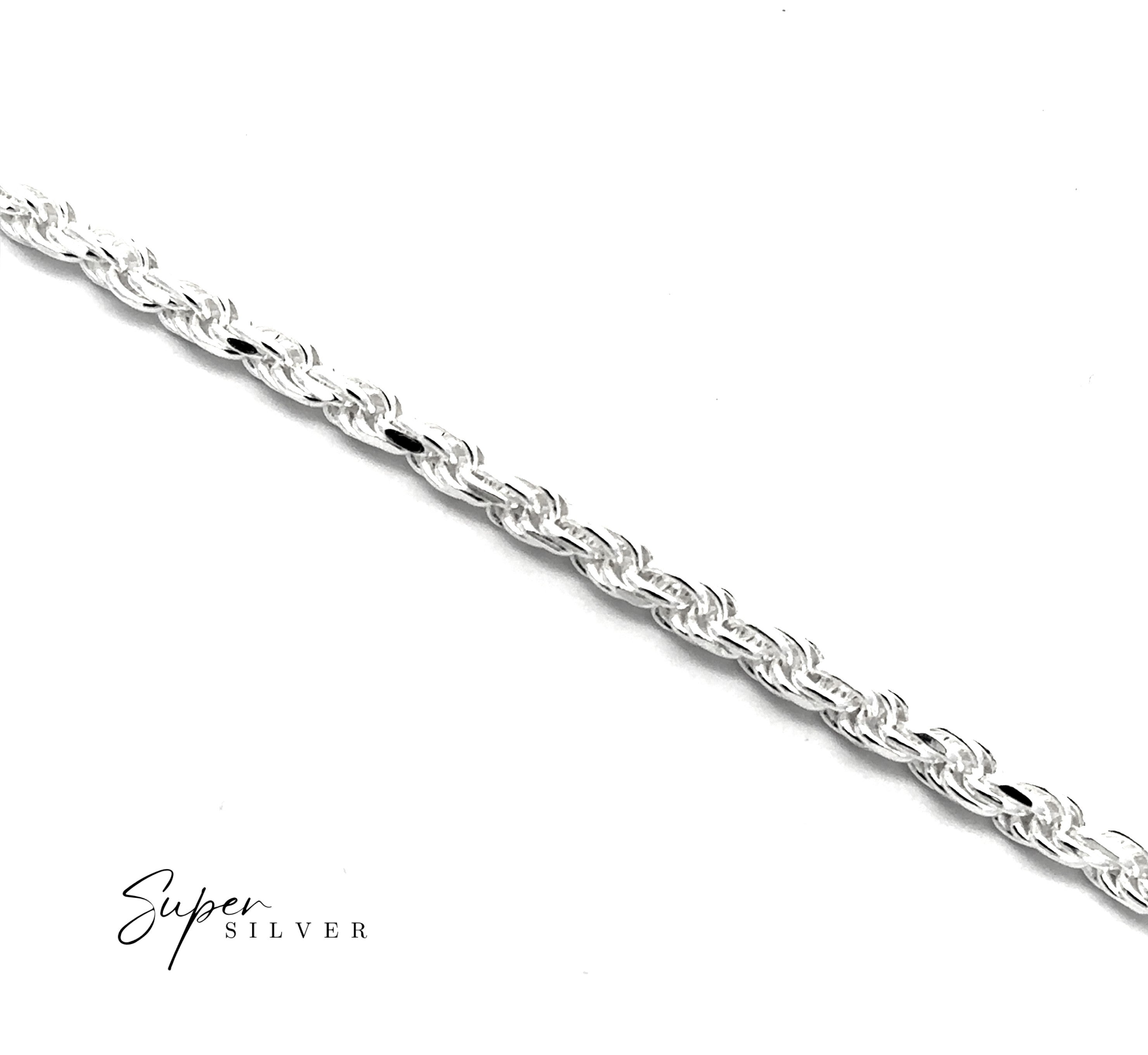 A close-up of the Thick Italian D/C Rope Chain, a sterling silver twisted rope design bracelet, displayed on a white background; "Super Silver" text appears in the bottom left corner.