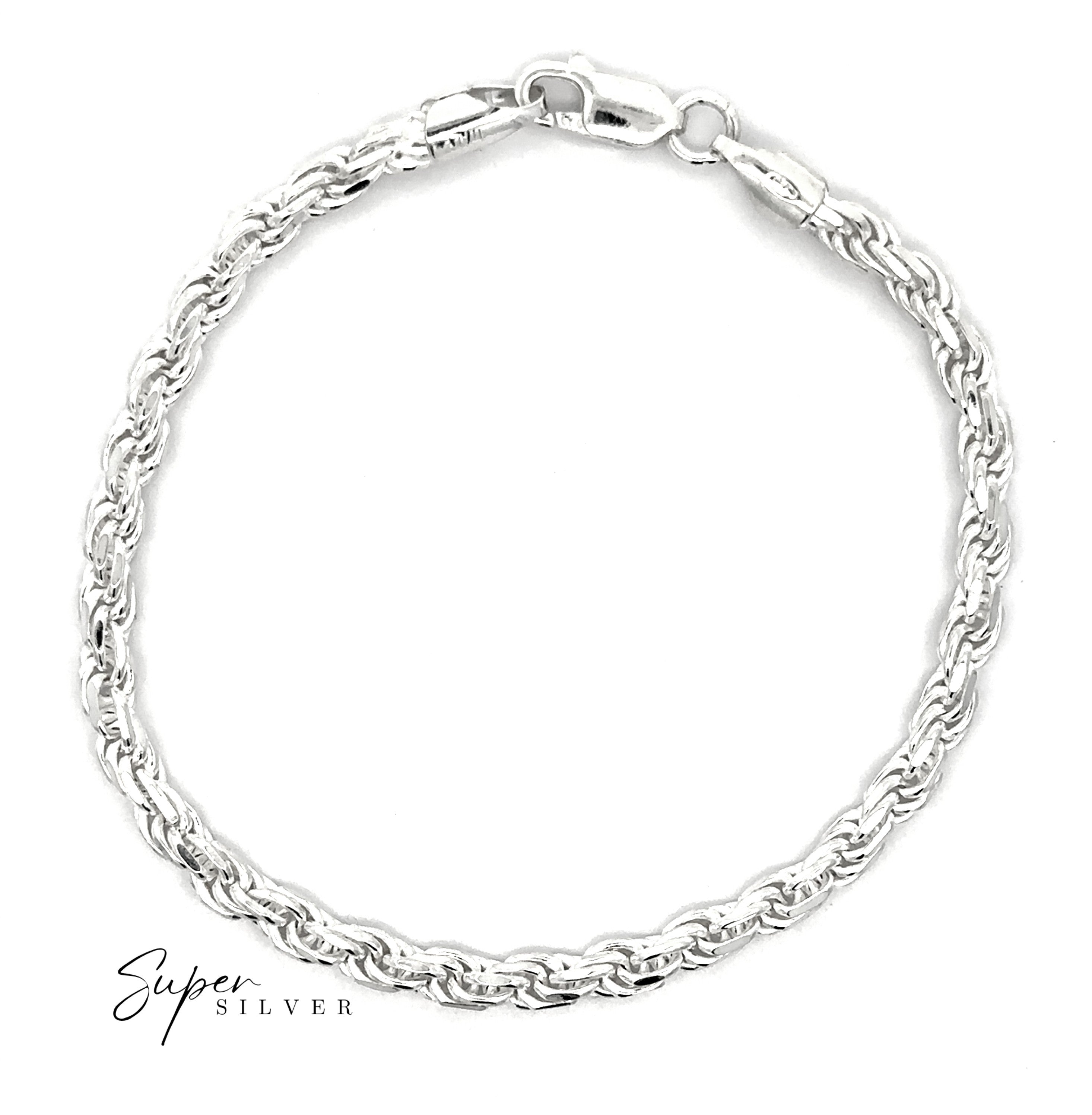 A Thick Italian D/C Rope Chain bracelet with a lobster clasp is displayed on a white background, with "Super Silver" text shown in the lower left corner.