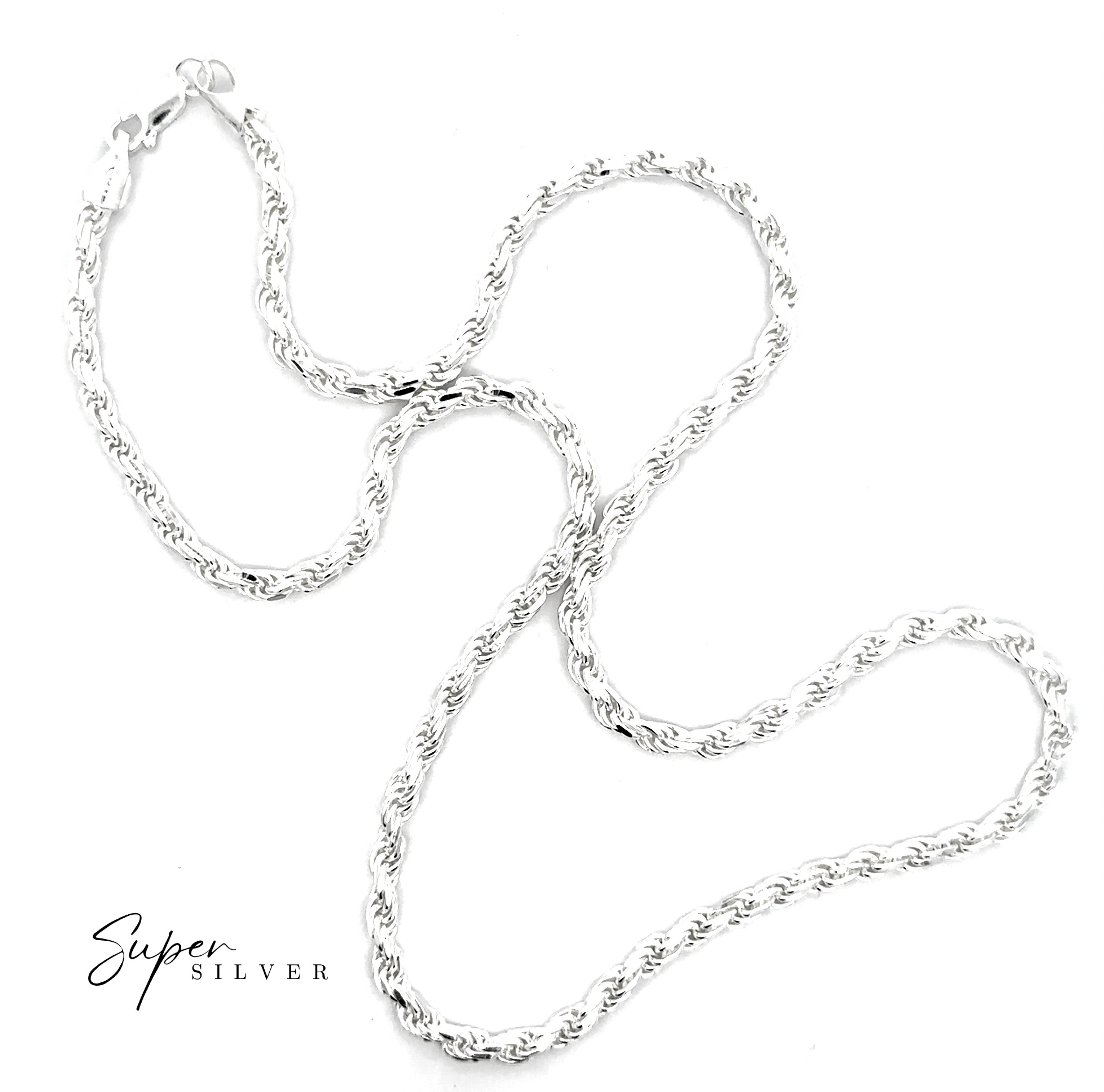The Thick Italian D/C Rope Chain is a sterling silver, diamond-cut rope chain necklace for men with a lobster clasp, shown on a white background with "Super Silver" text in the corner.