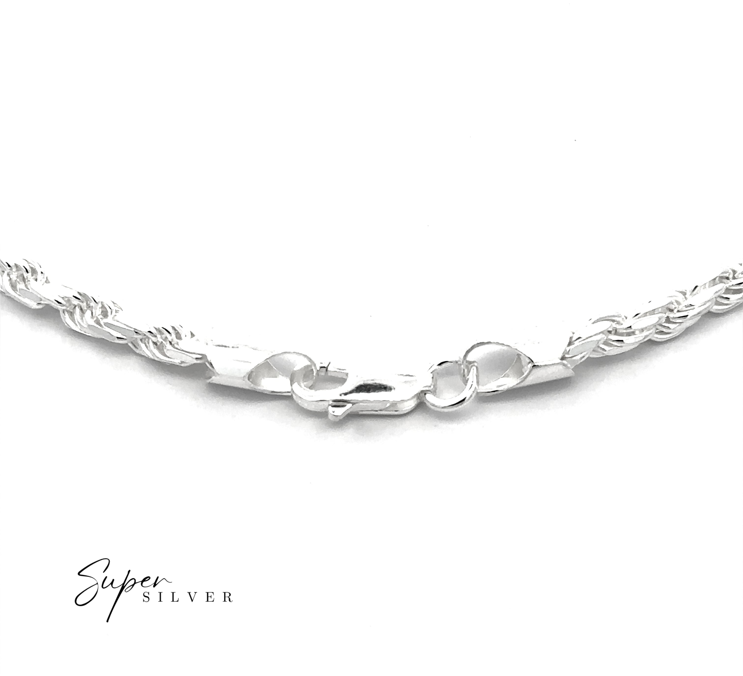 Close-up of a Thick Italian D/C Rope Chain necklace with a lobster clasp on a white background. "Super Silver" is displayed in the bottom left corner.