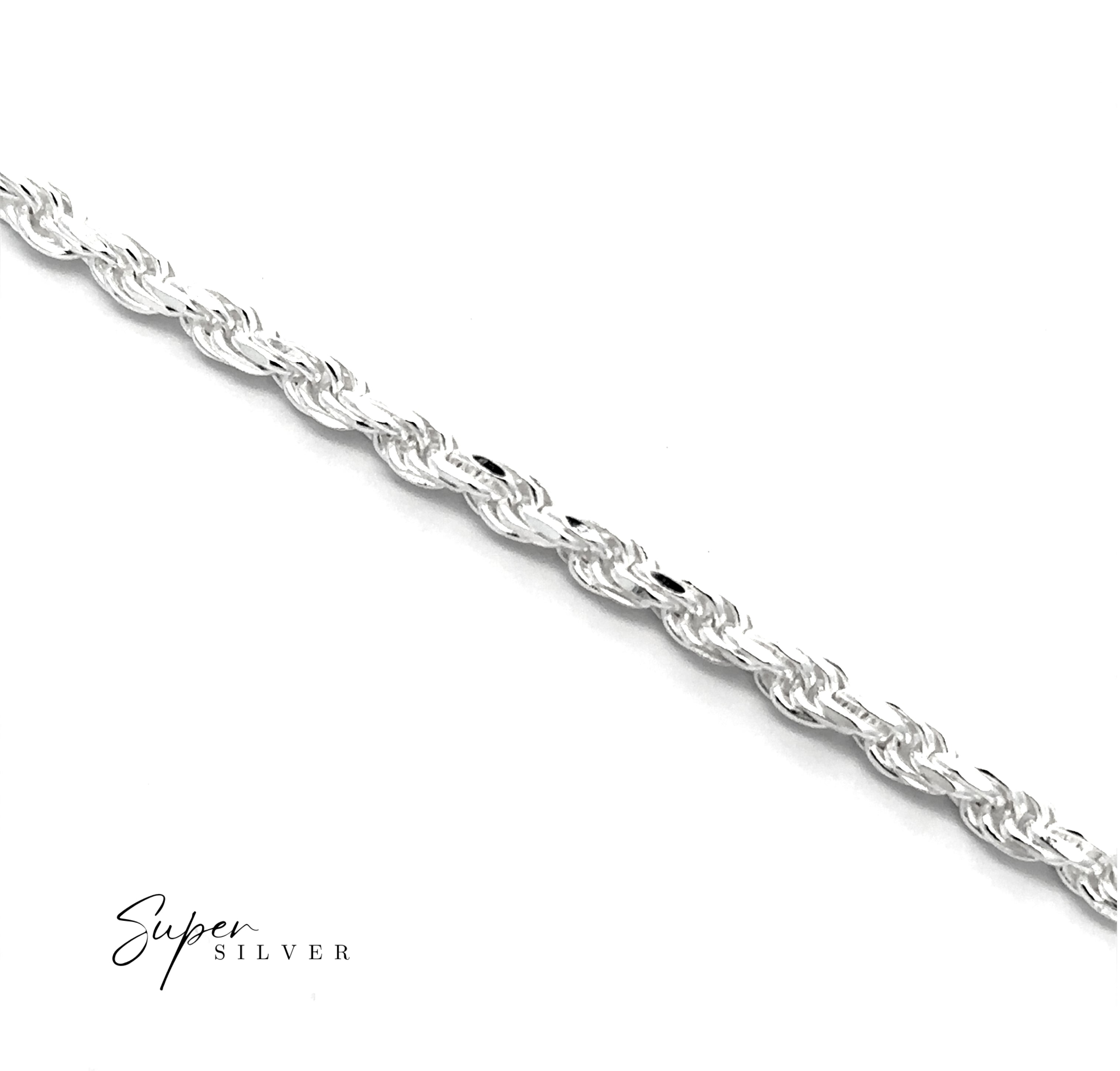 A close-up of a Thick Italian D/C Rope Chain bracelet is displayed diagonally on a white background, with "Super Silver" in the corner.